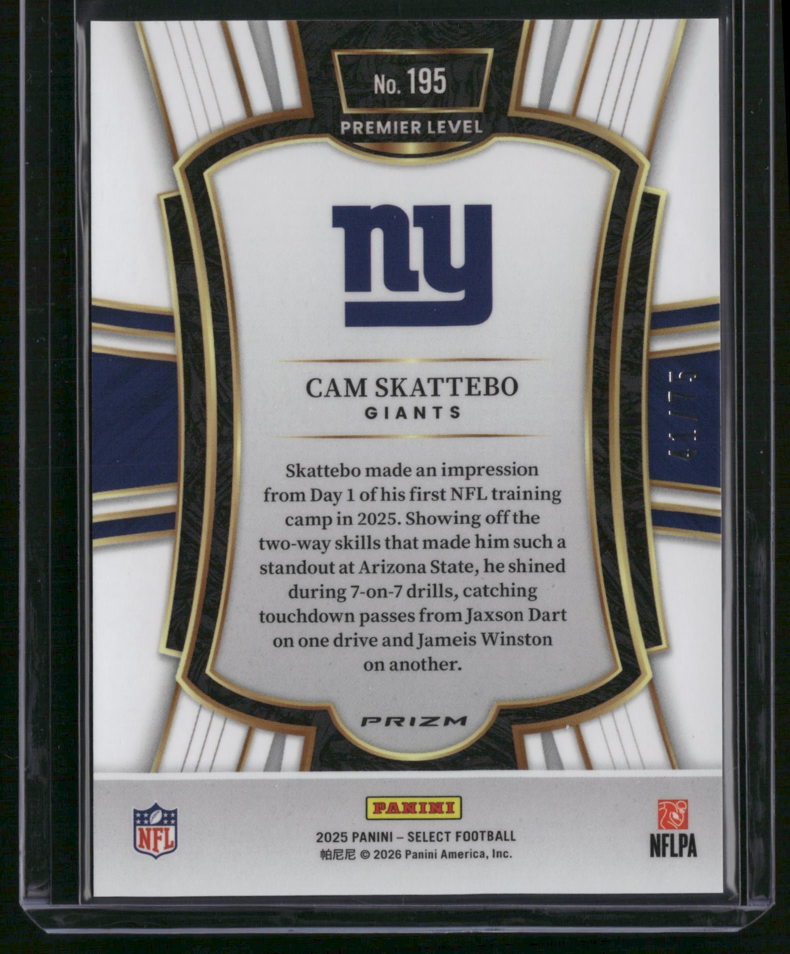 Cam Skattebo 2026 Panini Select Football #195 Purple Prizm /75 RC