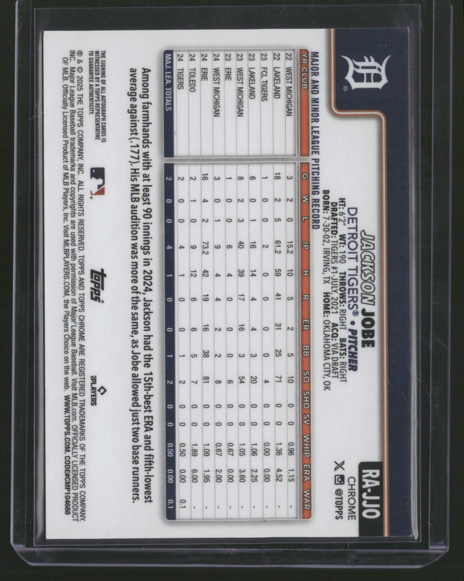 Jackson Jobe 2025 Topps Chrome #RA-JJO black sapphire /10 RC