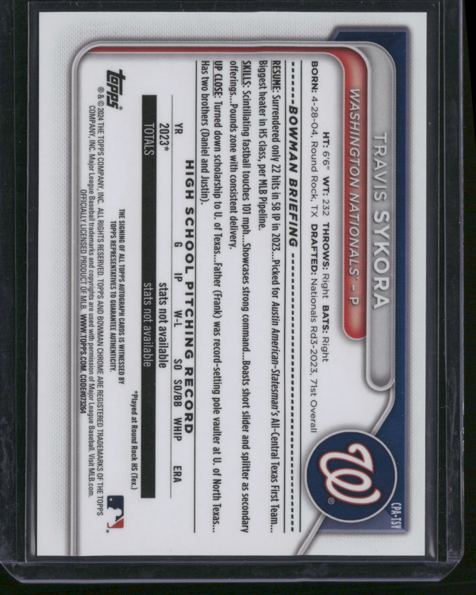 Travis Sykora 2024 Bowman Chrome #CPA-TSY 1st Bowman Auto Nationals