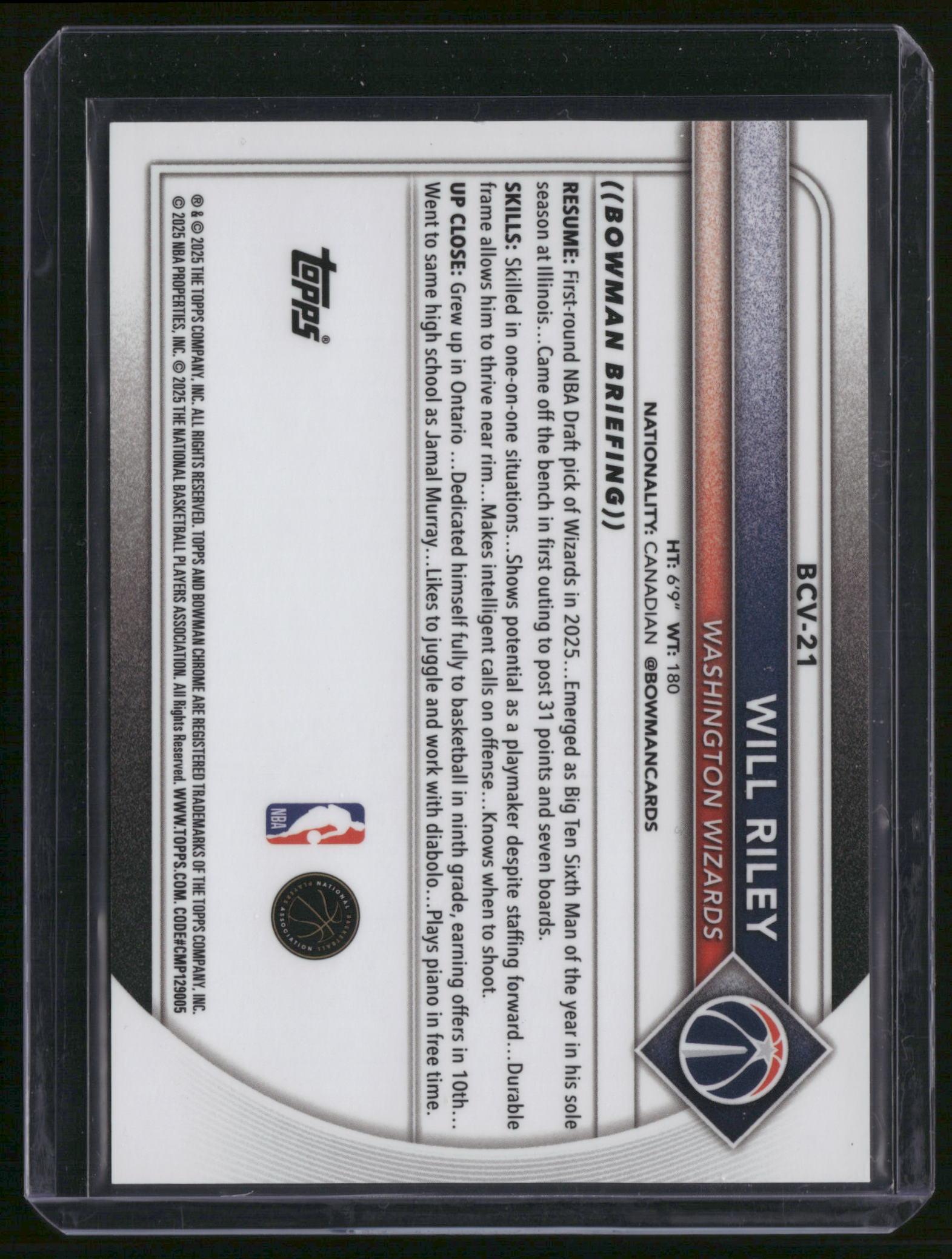 Will Riley 2025 Topps Bowman Chrome #BCV-21 Gold Shiimmer /50 RC Wizards
