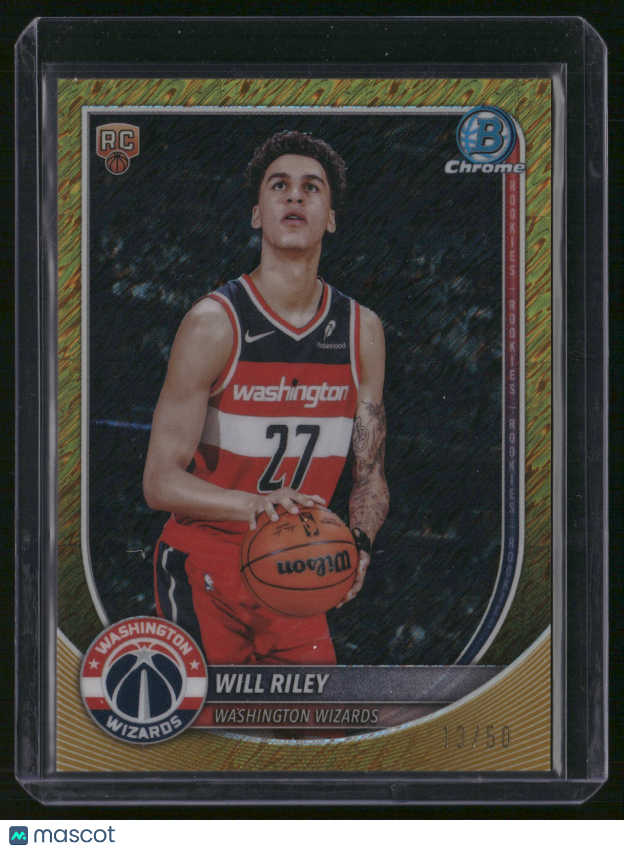 Will Riley 2025 Topps Bowman Chrome #BCV-21 Gold Shiimmer /50 RC Wizards