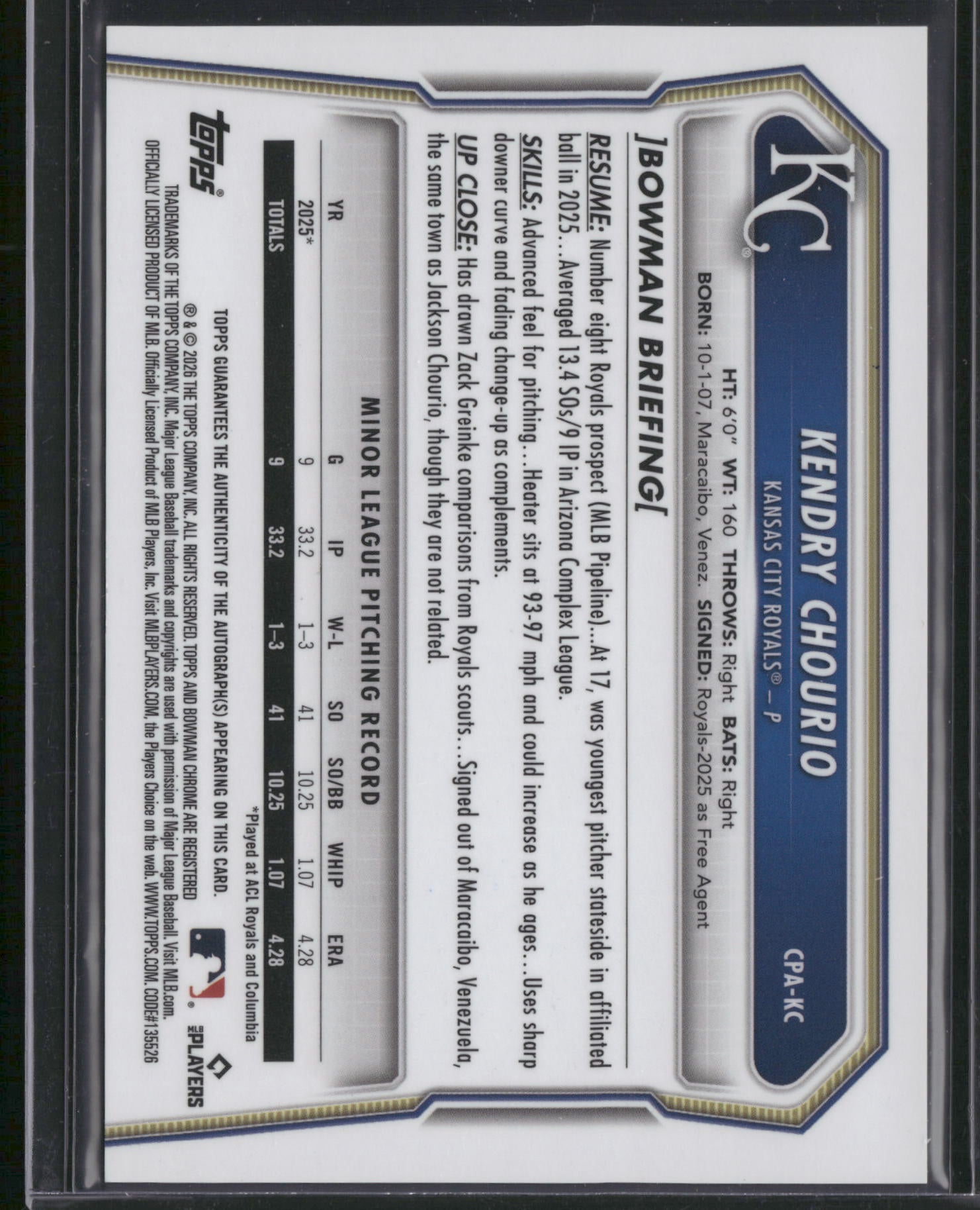 Kendry Chourio 2025 Bowman Chrome #CPA-KC 1st Bowman AUTO Royals