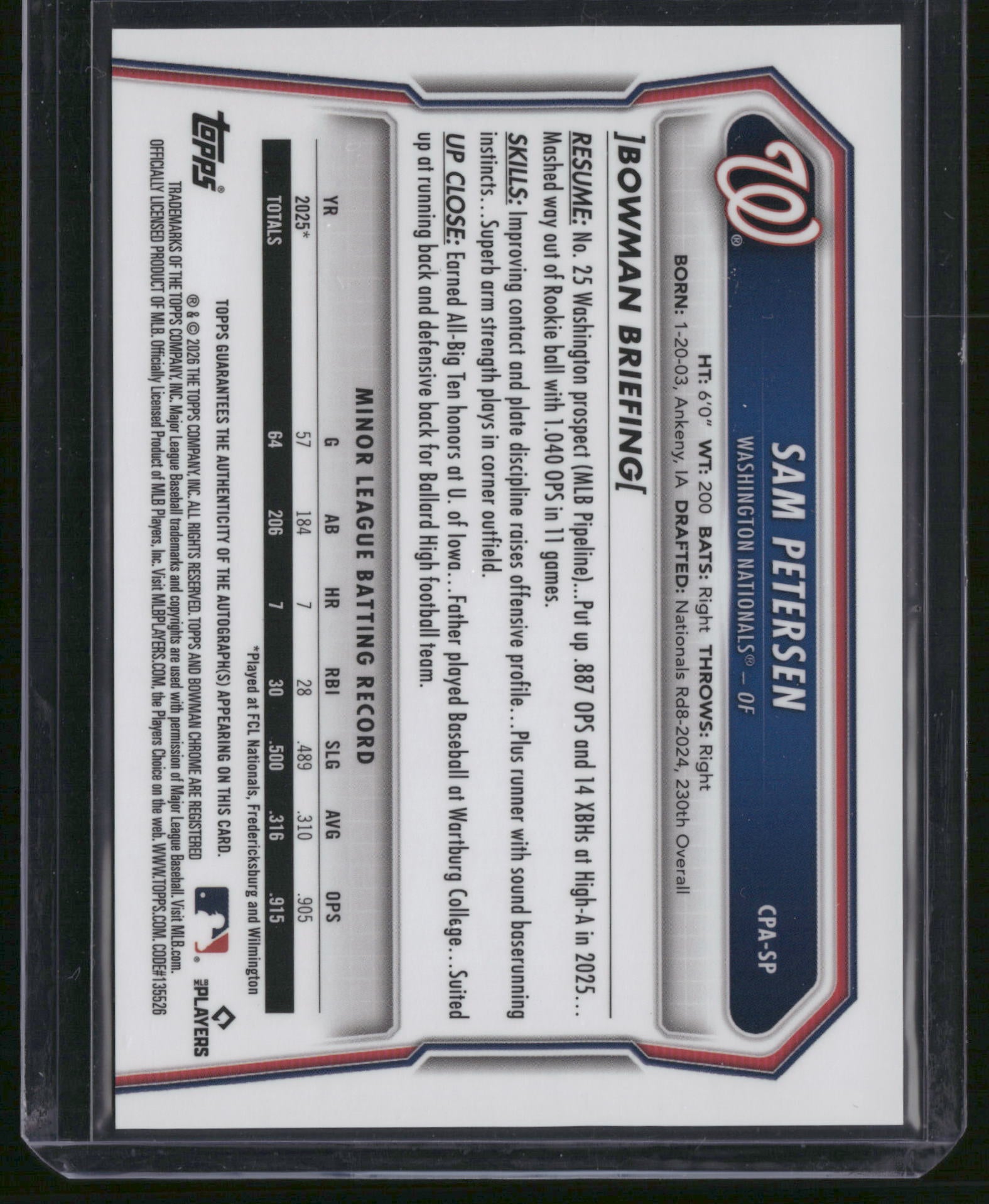 Sam Petersen 2026 Topps Bowman #CPA-SP Blue X-Fractor /150 1st Bowman AUTO