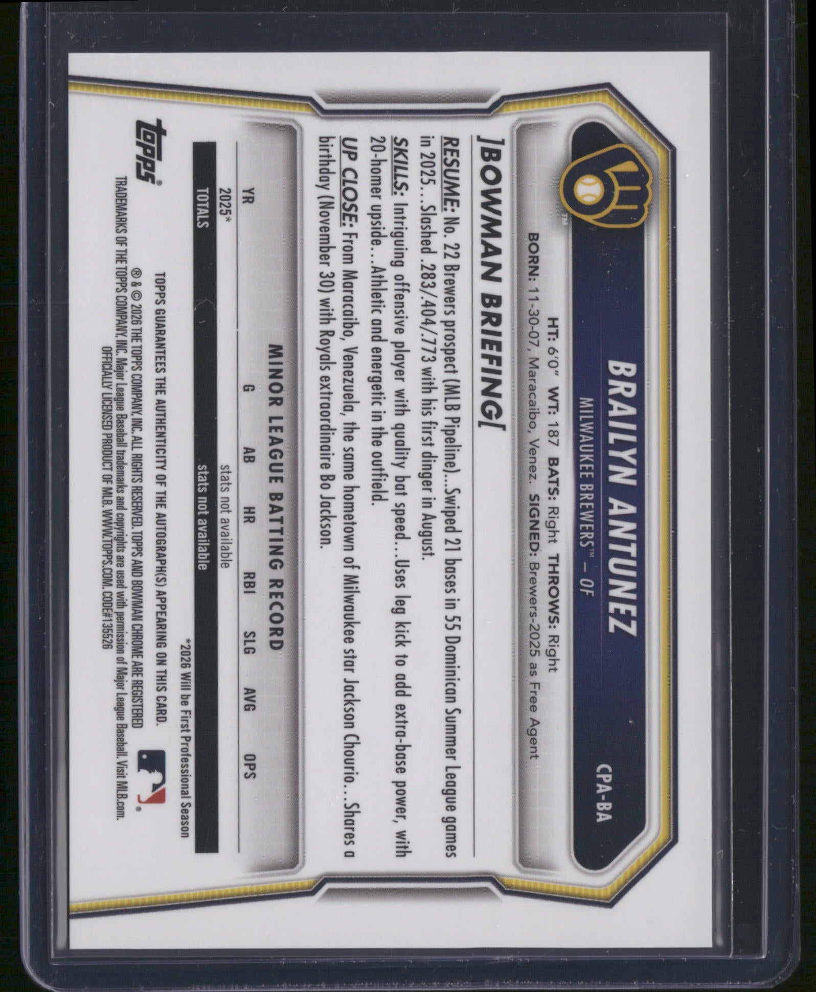 Brailyn Antunez 2026 Bowman Chrome #CPA-BA Blue X-Fractor AUTO /150 1st Bowman