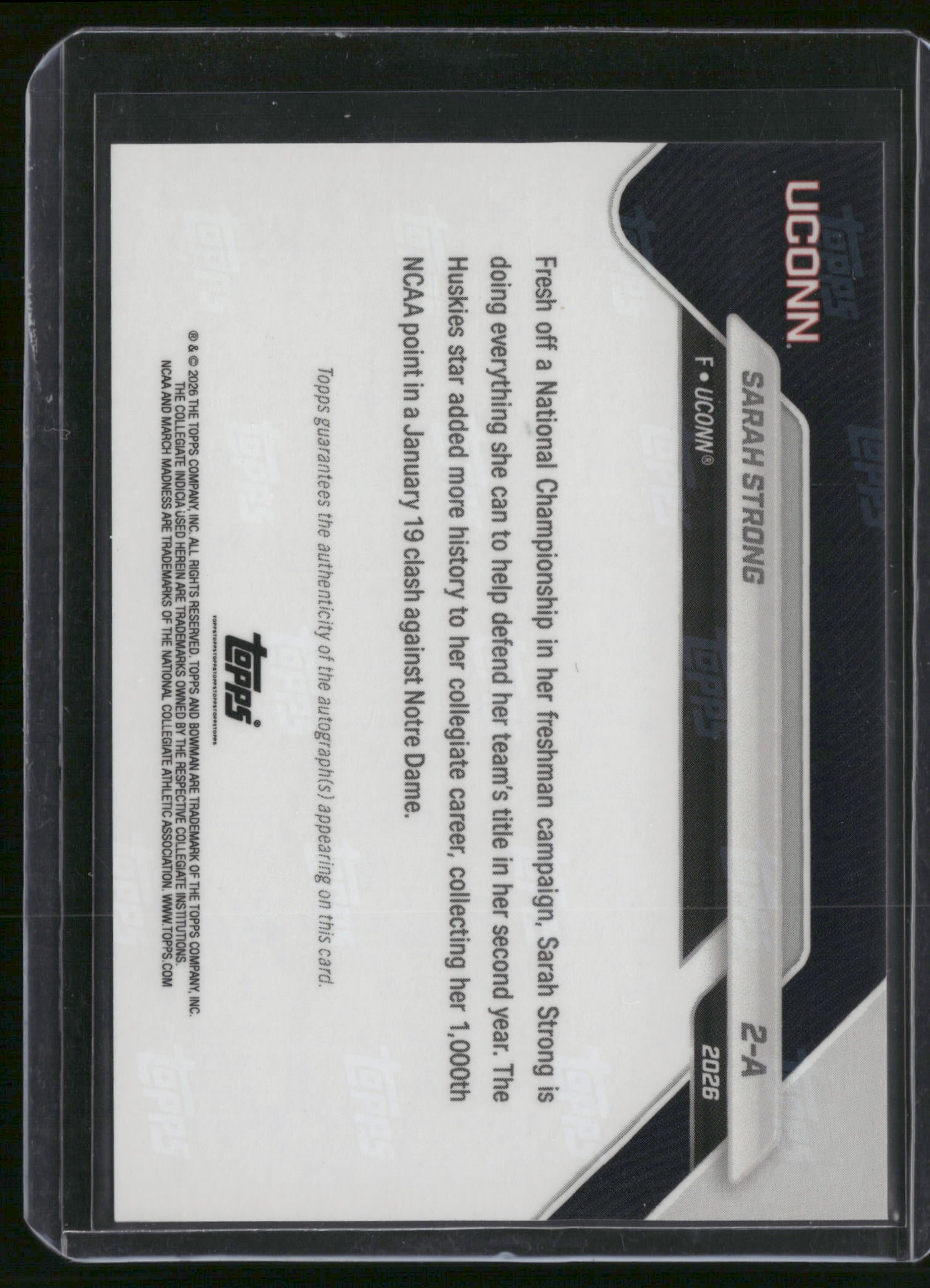 Sarah Strong 2026 Bowman Now March Madness #2-A Purple Auto /75