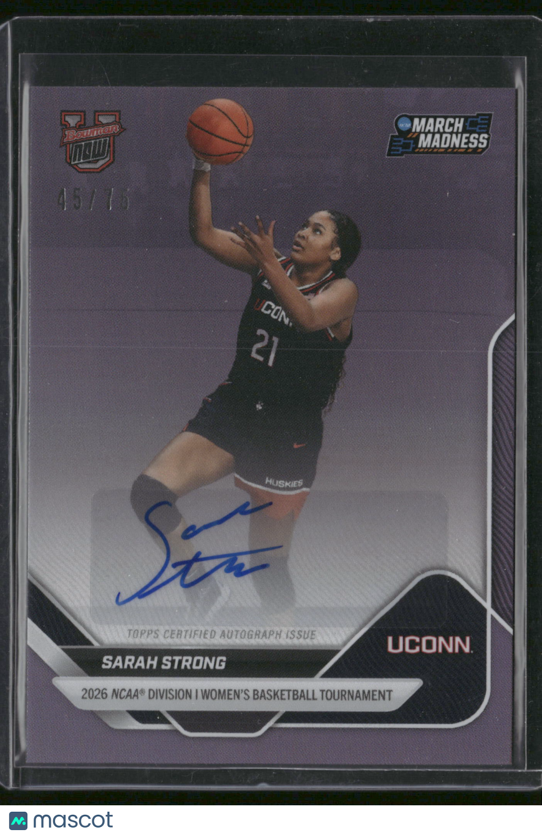Sarah Strong 2026 Bowman Now March Madness #2-A Purple Auto /75