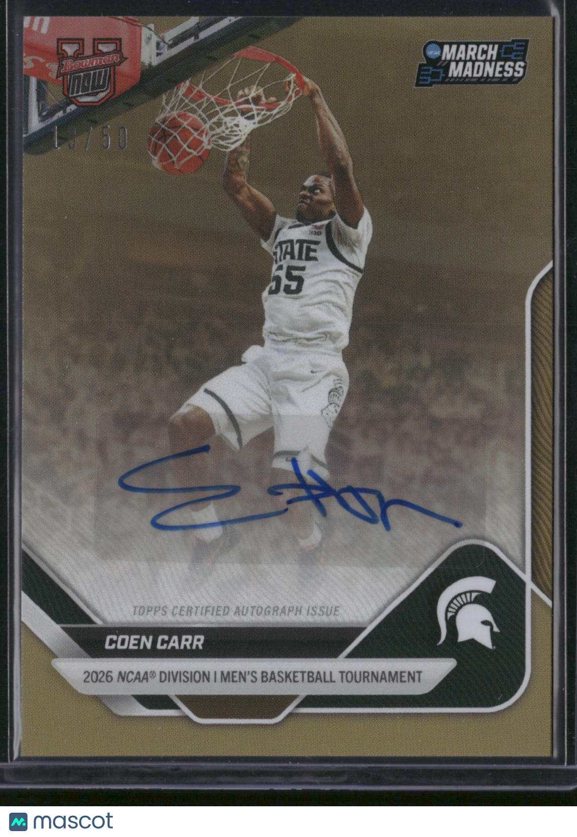 Coen Carr 2026 Bowman Now March Madness #41-A Gold /50 AUTO