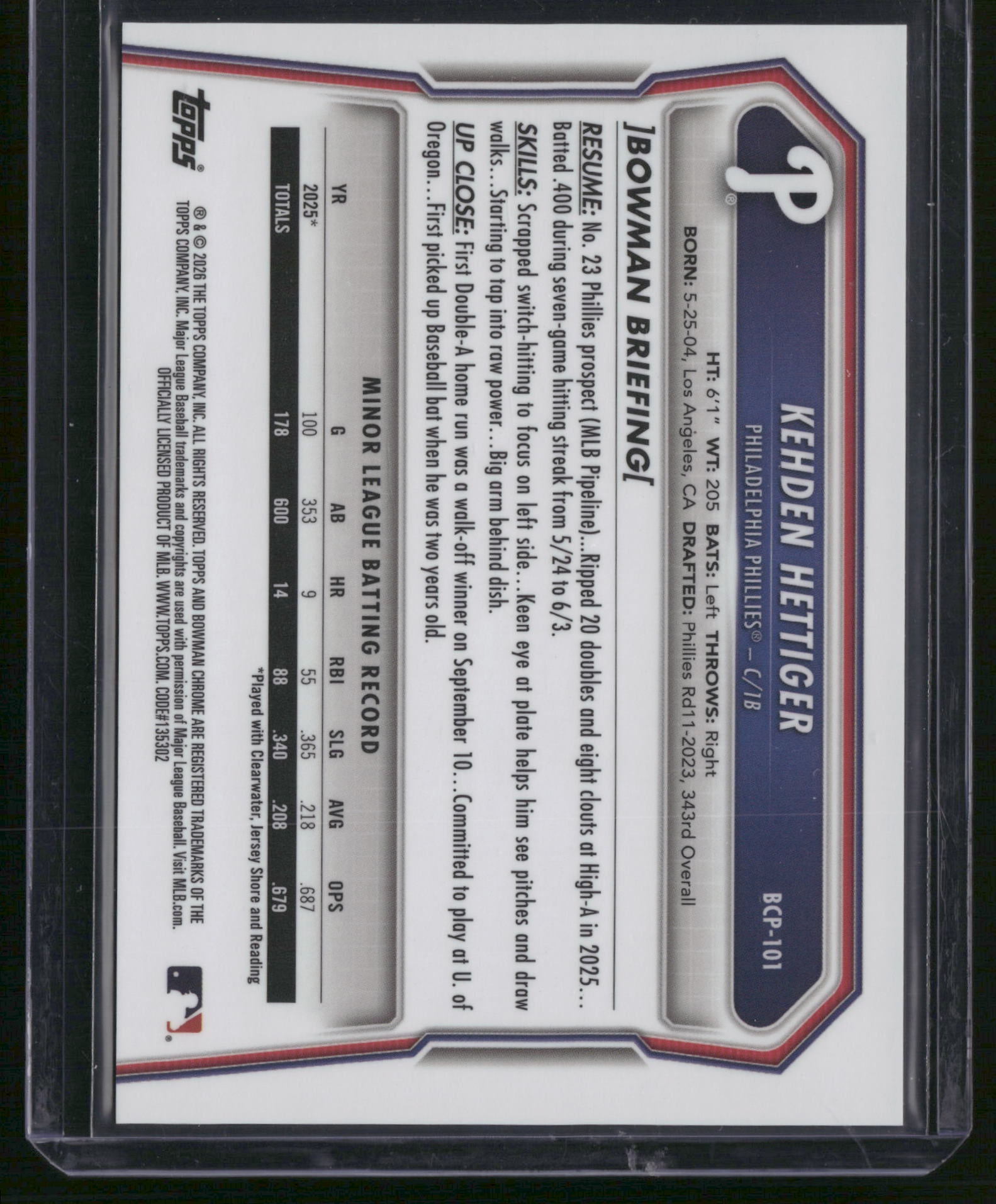 Kehden Hettiger 2026 Bowman Chrome #BCP-101 Black Geometric 1st Bowman /10