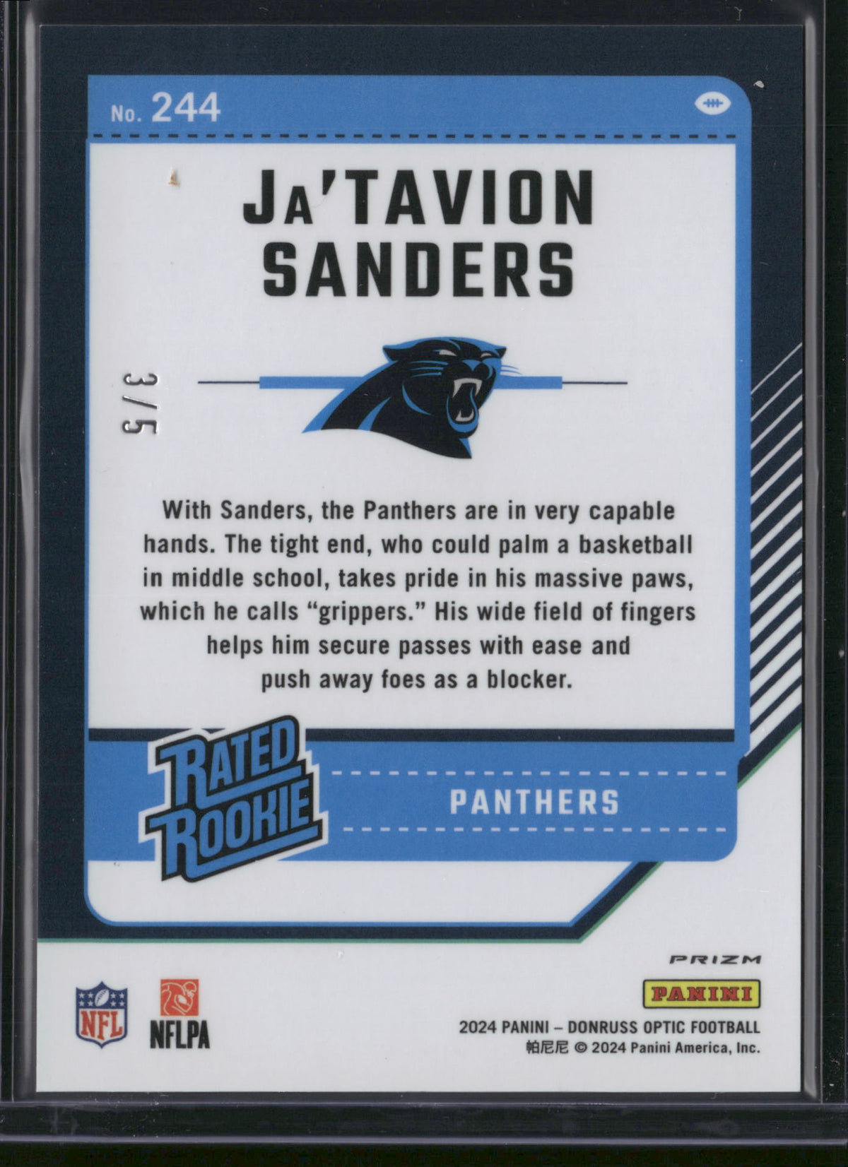 Ja'Tavion Sanders 2024 Panini Donruss Optic Prizm #244 Green /5
