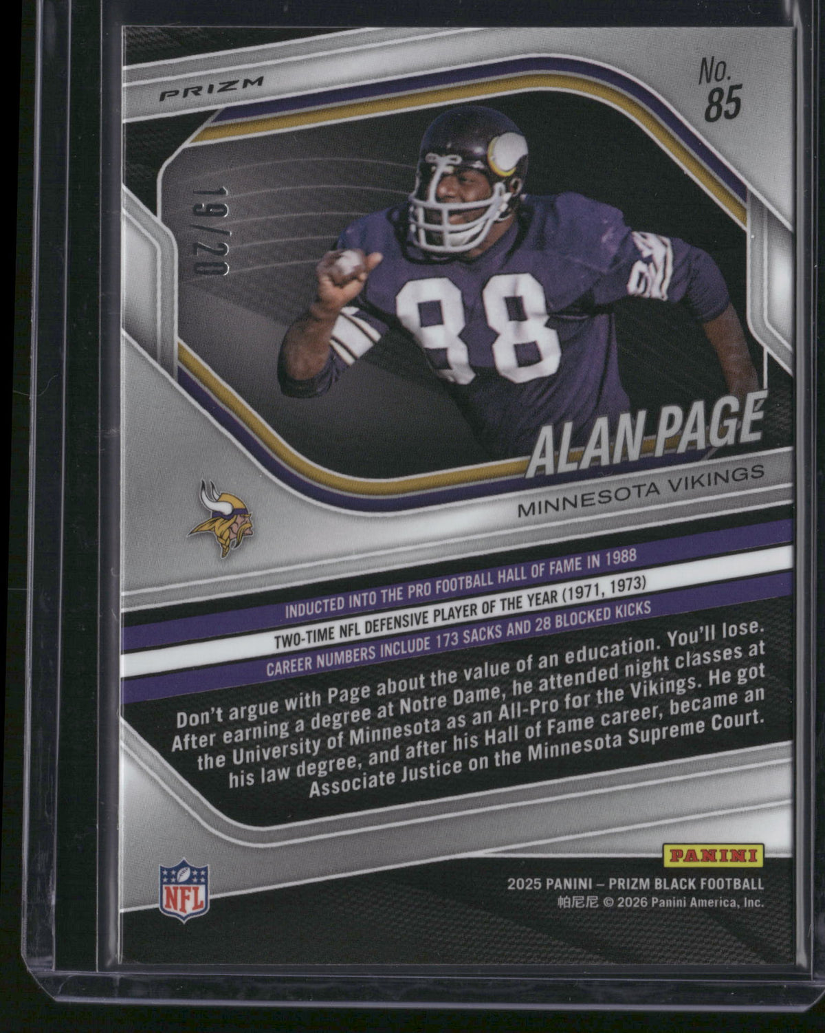 Alan Page 2026 Panini Prizm Black Football #85 White Cherry Blossom /20