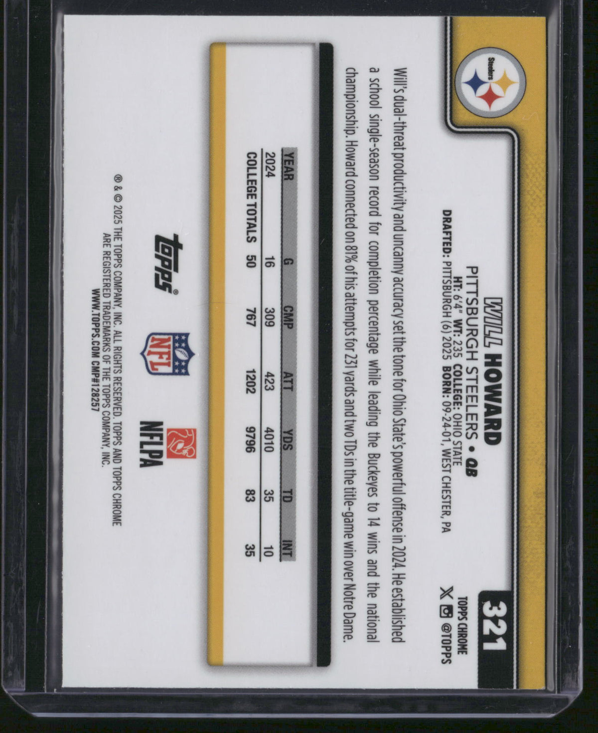 Will Howard 2025 Topps Chrome #321 Purple /75 RC