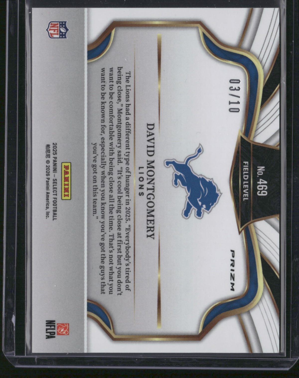 David Montgomery 2026 Panini Select Prizm Field Level #469 Gold Checkerboard /10