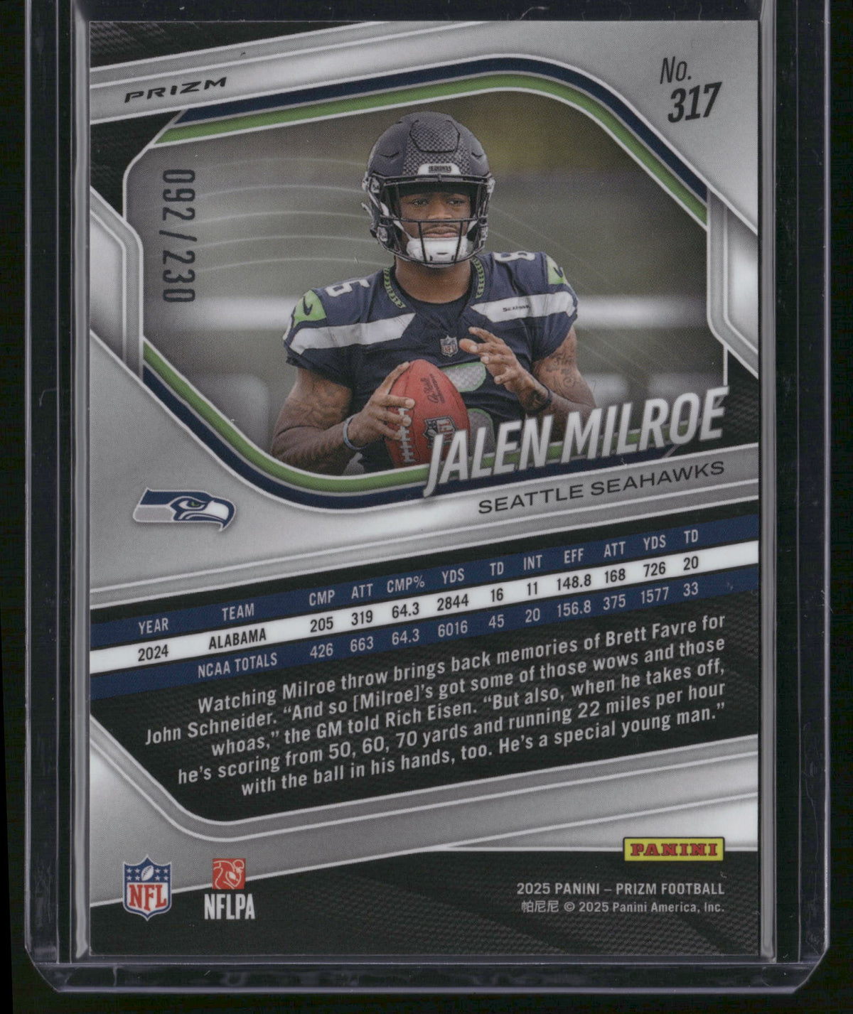 Jalen Milroe 2025 Panini Prizm #317 Blue /230 RC