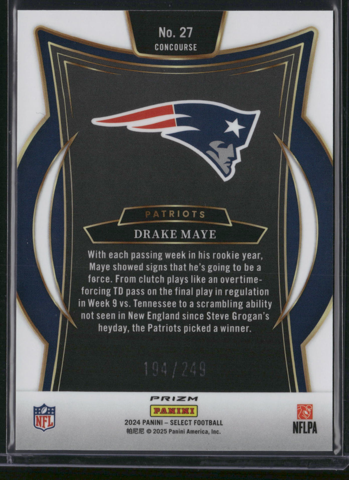 Drake Maye 2025 Panini Select Prizm Concourse #27 Blue Checkerboard Checkerboard /249 RC