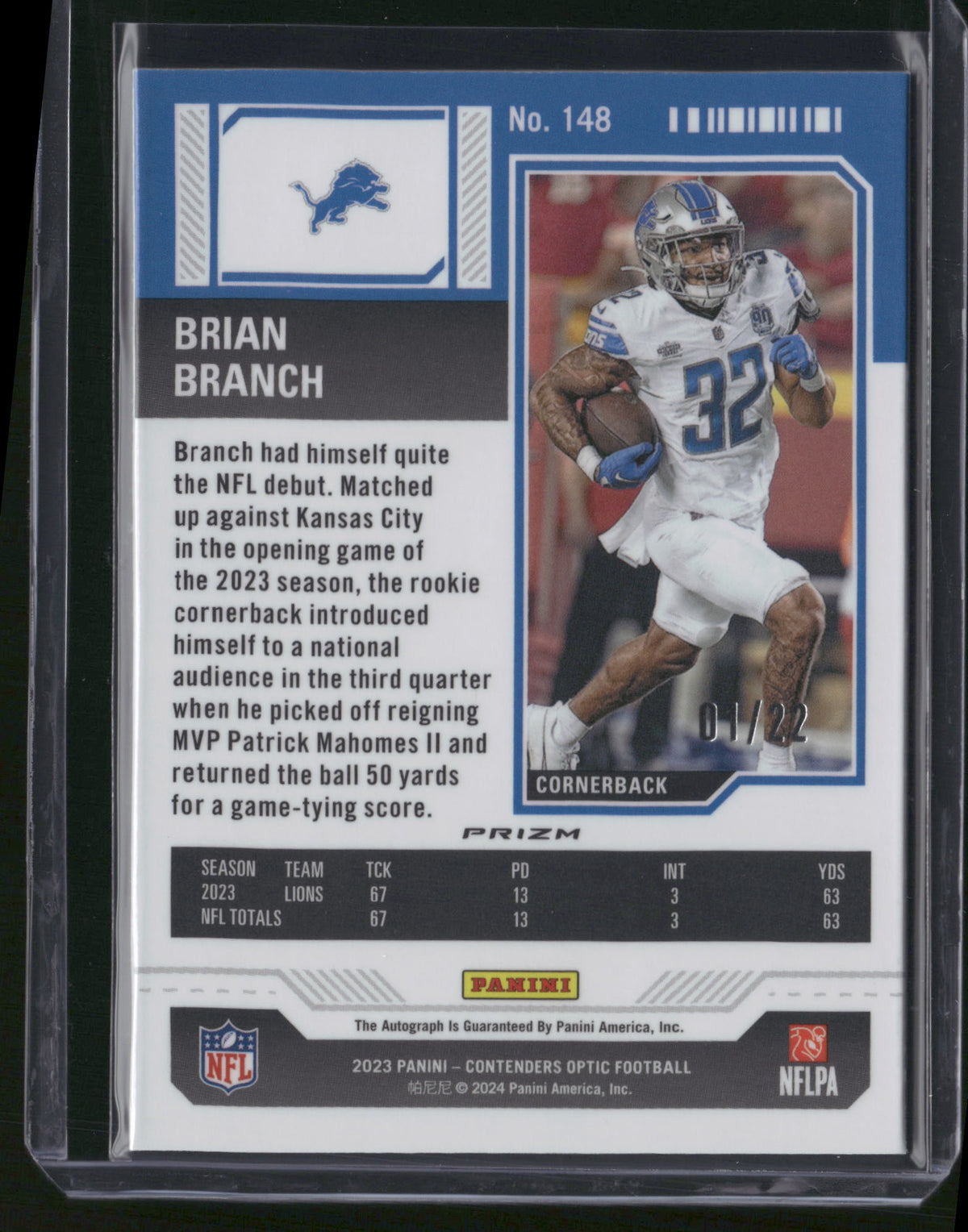 Brian Branch 2024 Panini Contenders Optic Prizm #148 Cracked Ice /22