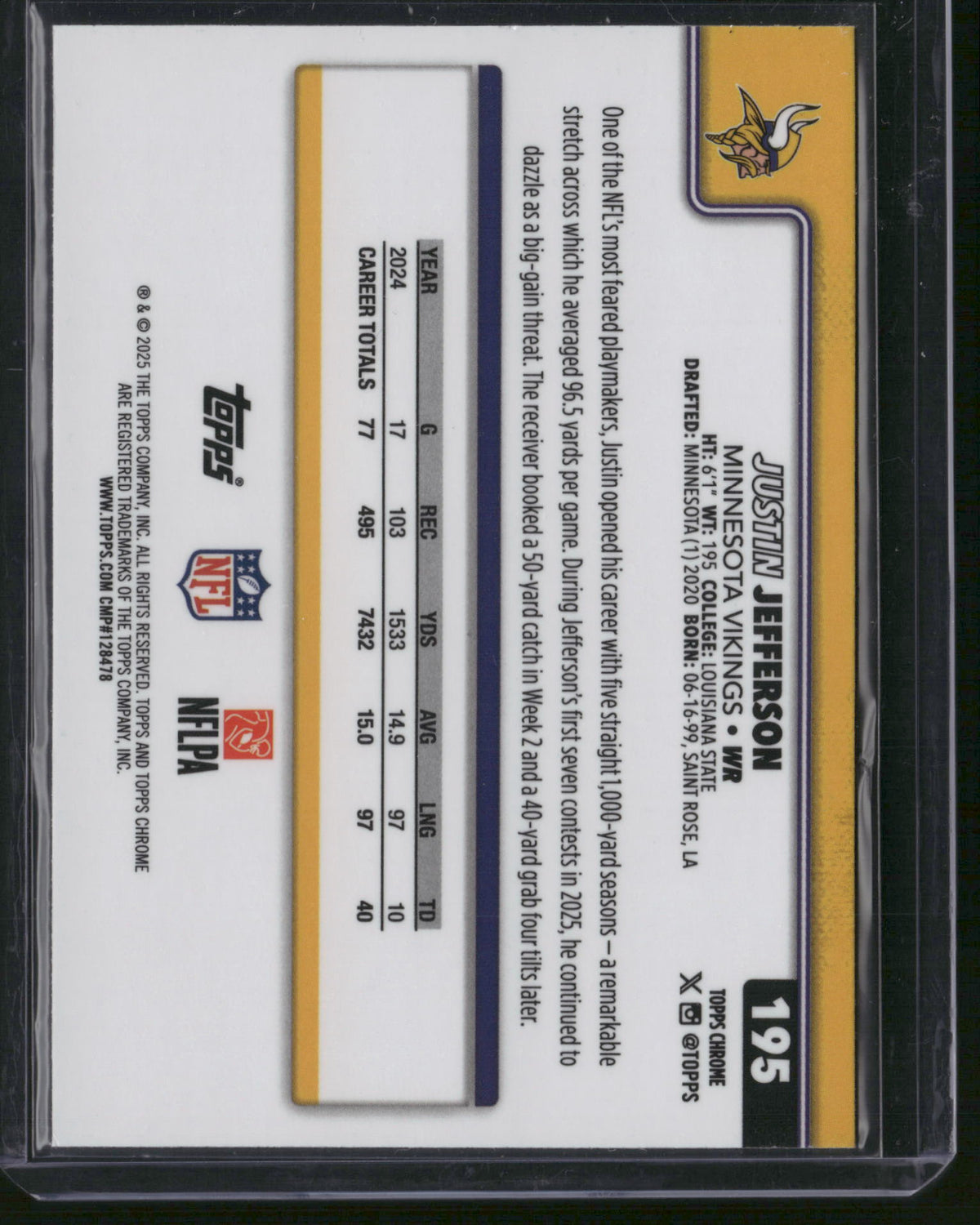 Justin Jefferson 2025 Topps Chrome #195 Purple Camo