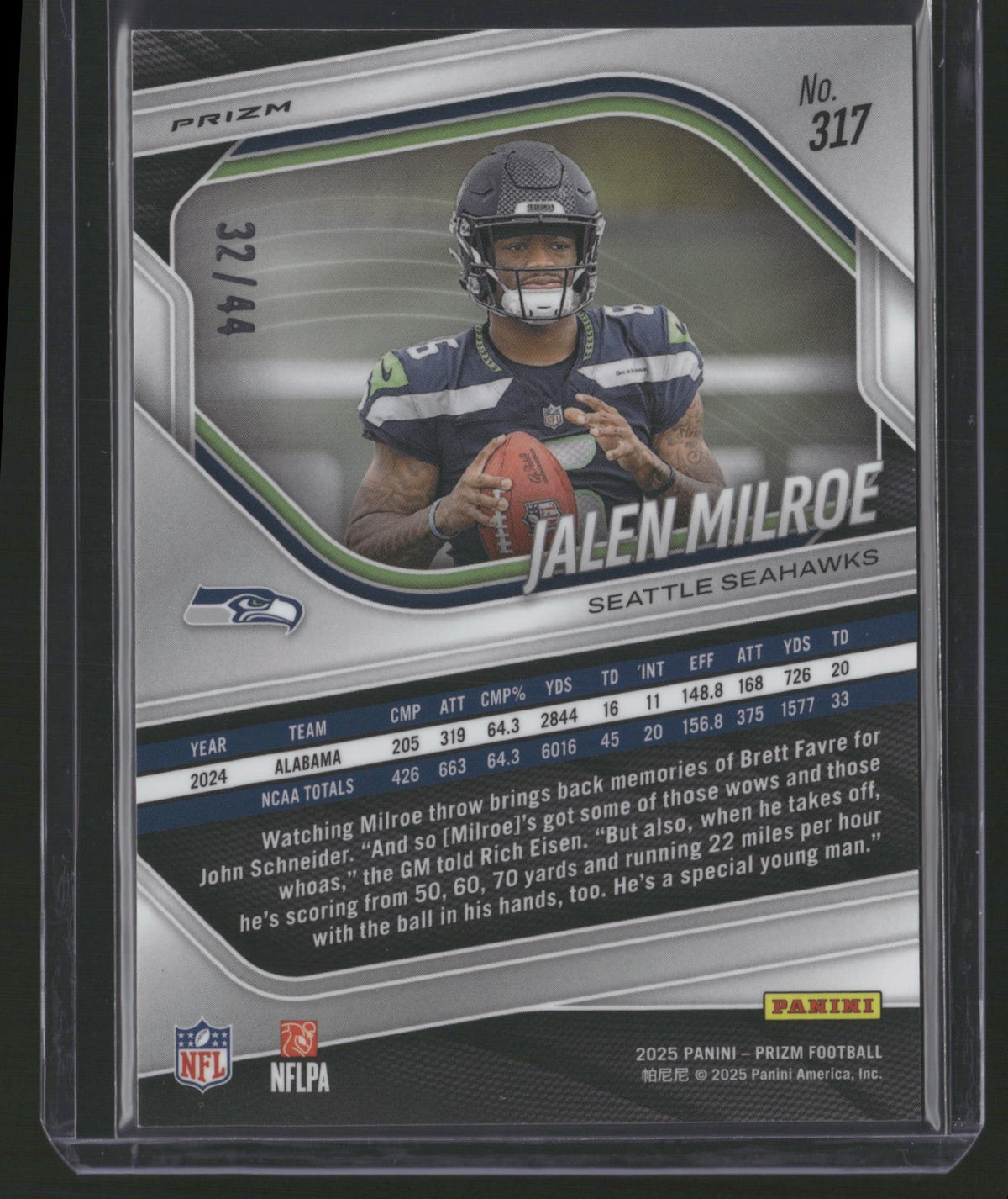 Jalen Milroe 2025 Panini Prizm #317 /44 RC