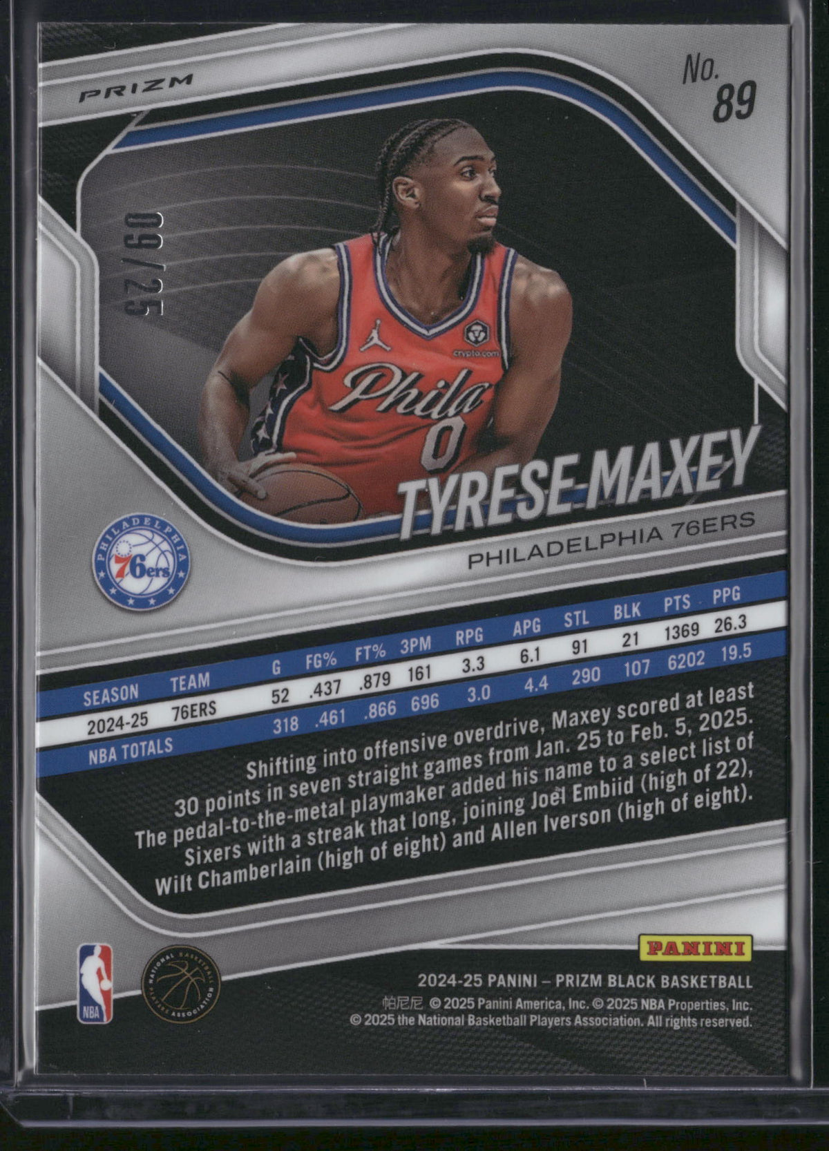 Tyrese Maxey 2025 Panini Prizm Black #89 Silver /25