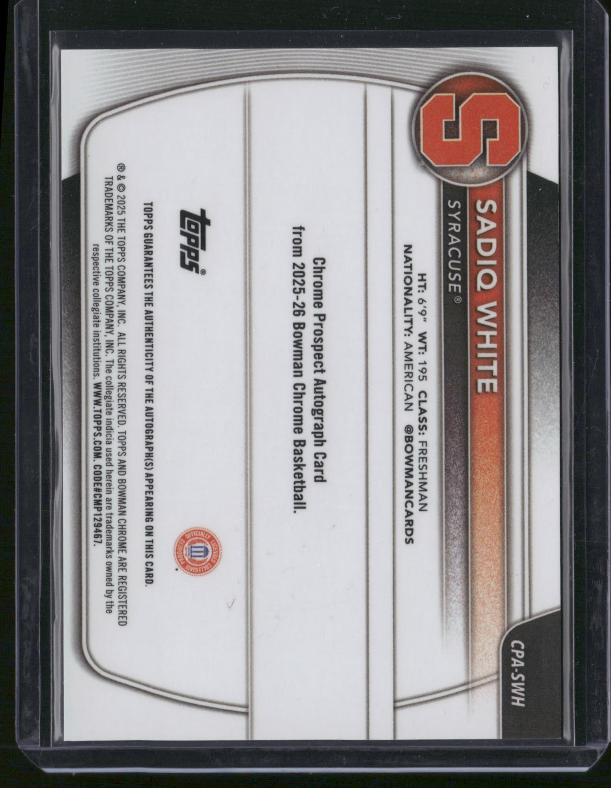 Sadiq White 2025 Bowman Chrome #CPA-SWH Blue Refractor /150