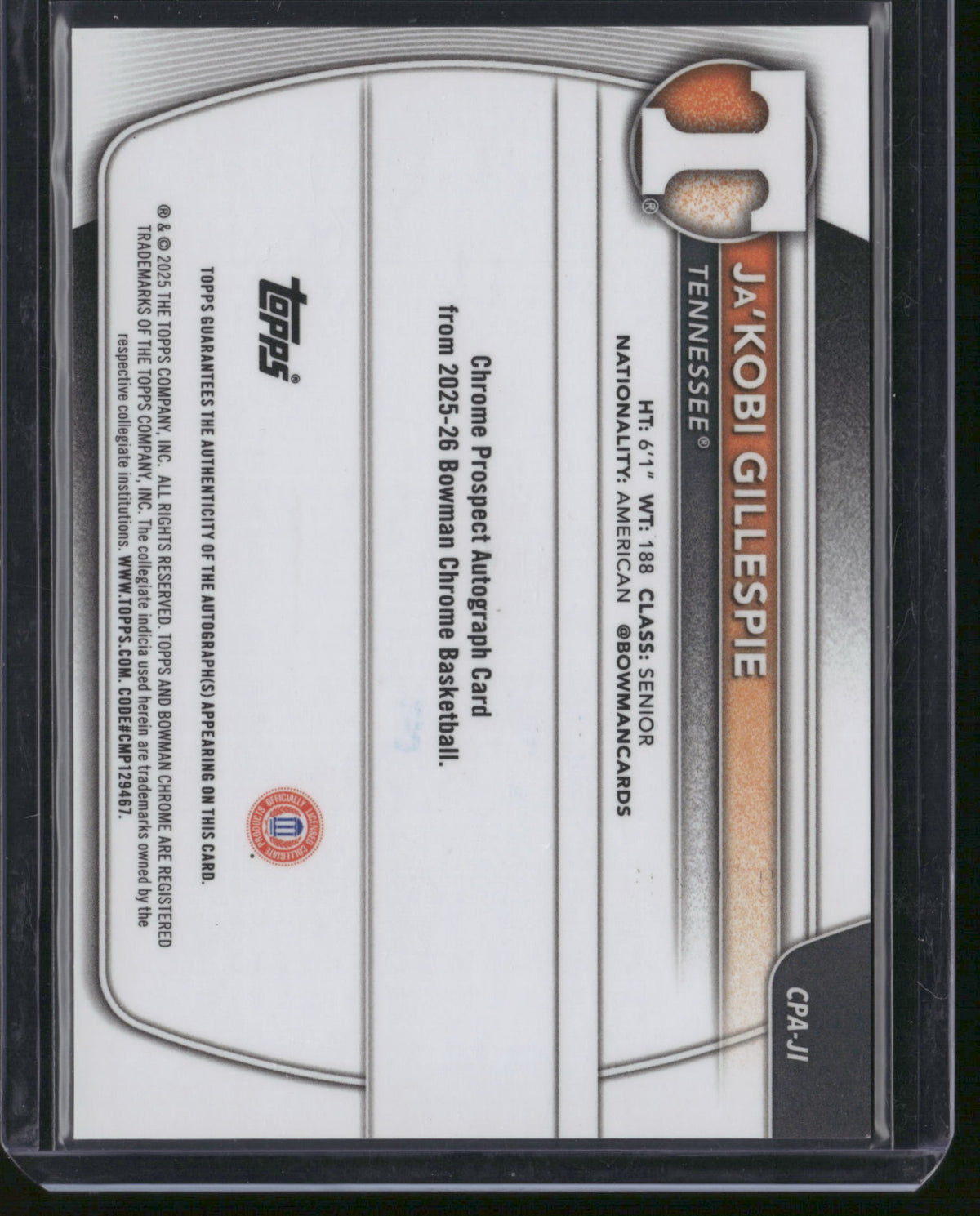 Ja'Kobi Gillespie 2025 Bowman Chrome U #CPA-JG Speckle Refractor /299