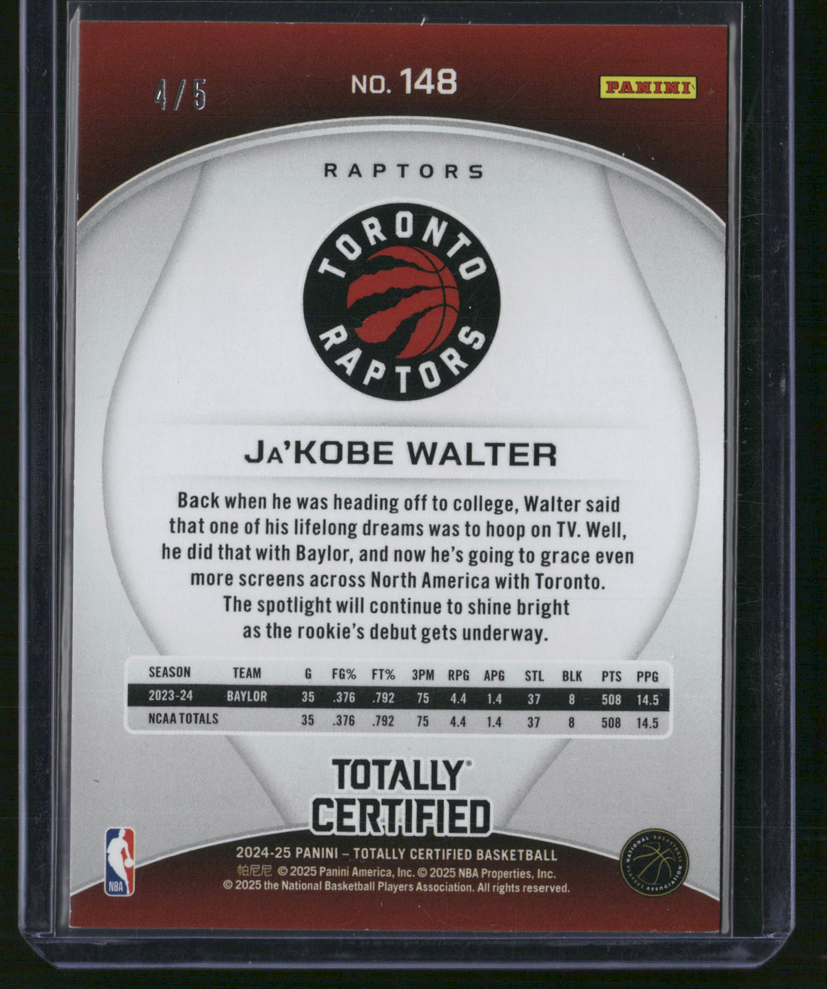 Ja'Kobe Walter 2025 Panini Totally Certified #148 Green /5 RC