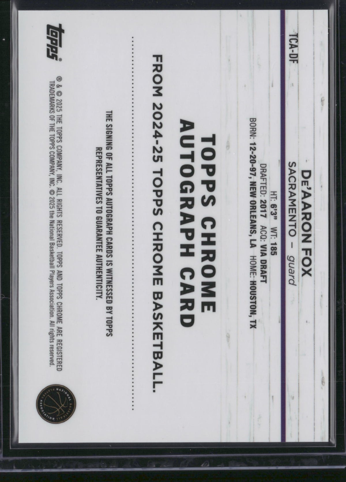 De'Aaron Fox 2025 Topps Chrome Basketball #TCA-DF Gold /50