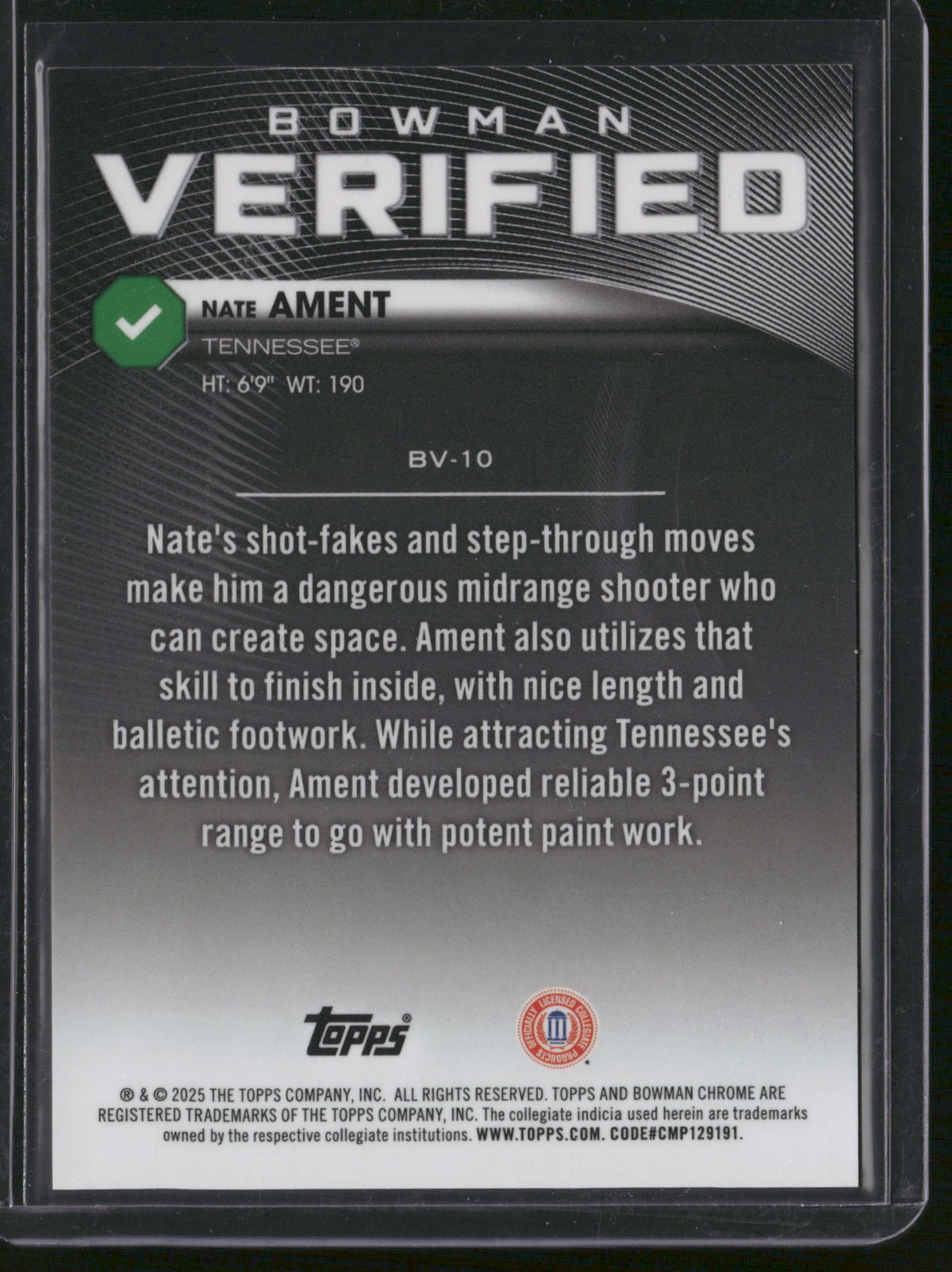 Nate Ament 2025 Bowman Chrome Verified #BV-10 Black Shimmer /10
