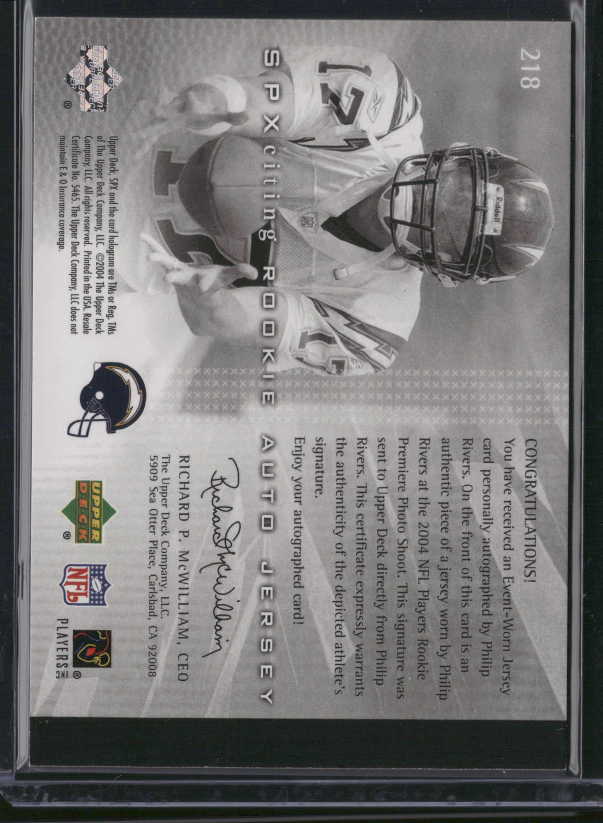 Philip Rivers 2004 Upper Deck SPx #218 /375 Memorabilia Jersey