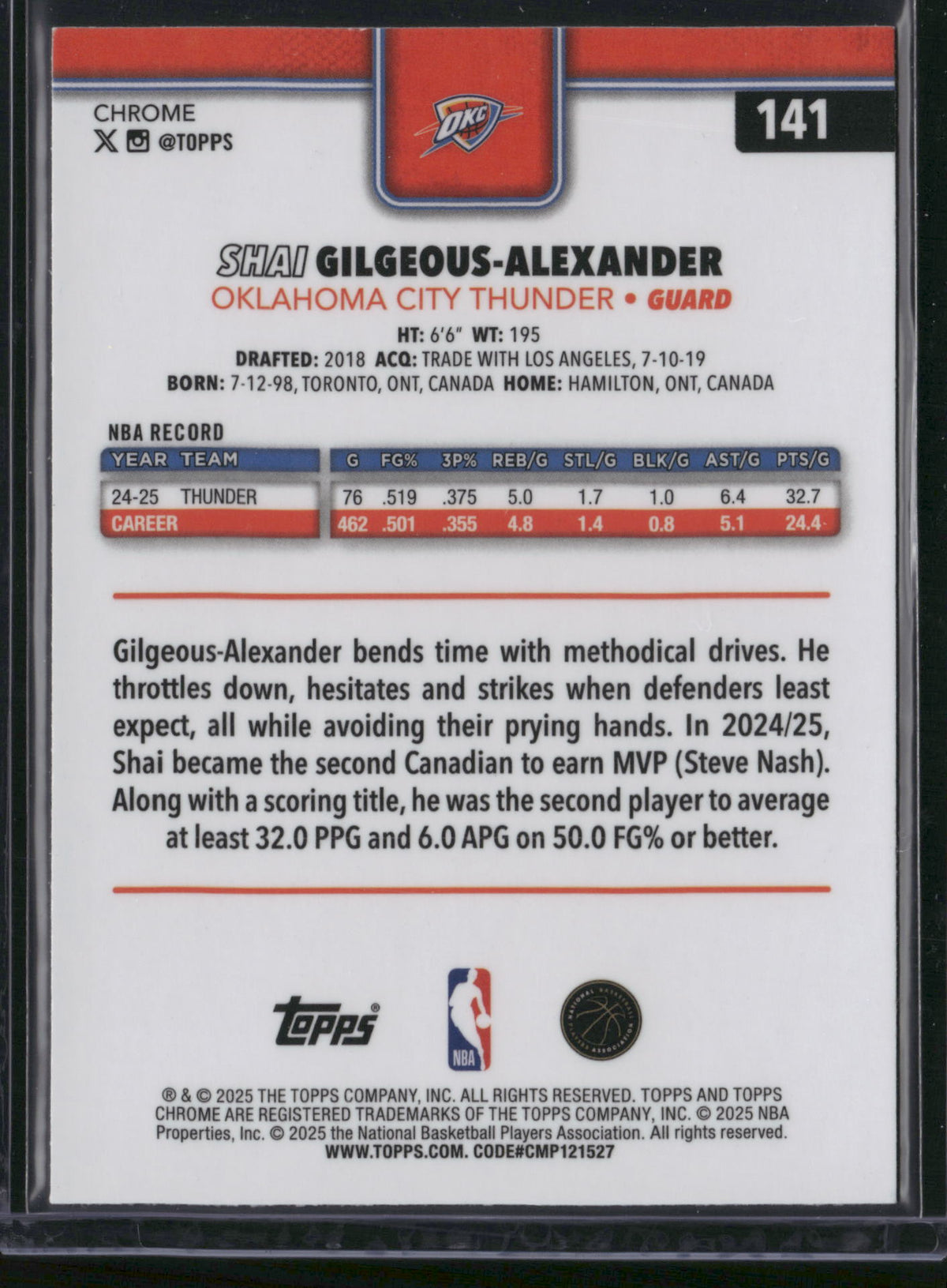 Shai Gilgeous-Alexander 2025 Topps Chrome #141 051/1420
