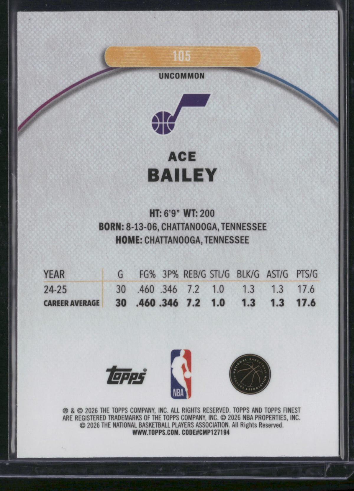Ace Bailey 2026 Topps Finest #105 Blue Checkerboard /75 RC