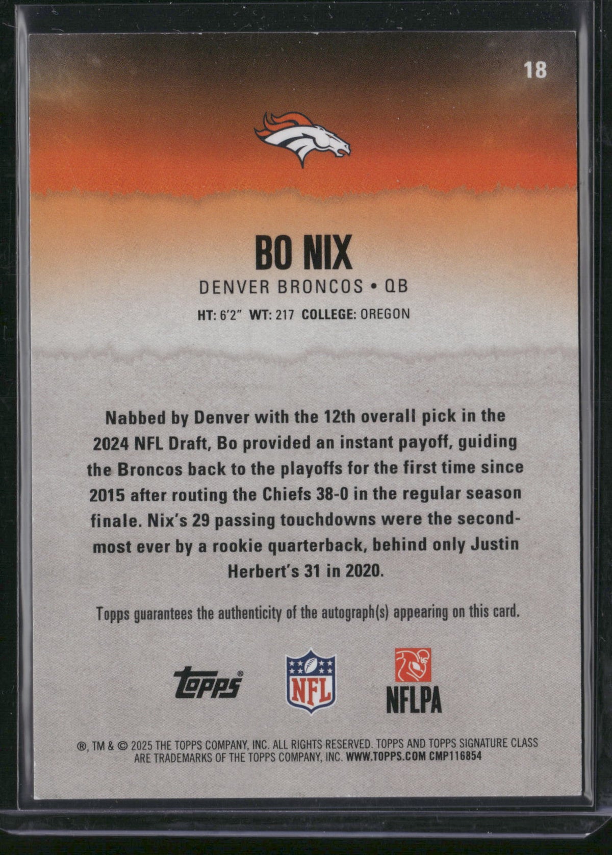 Bo Nix 2025 Topps Signature Class #18 /225