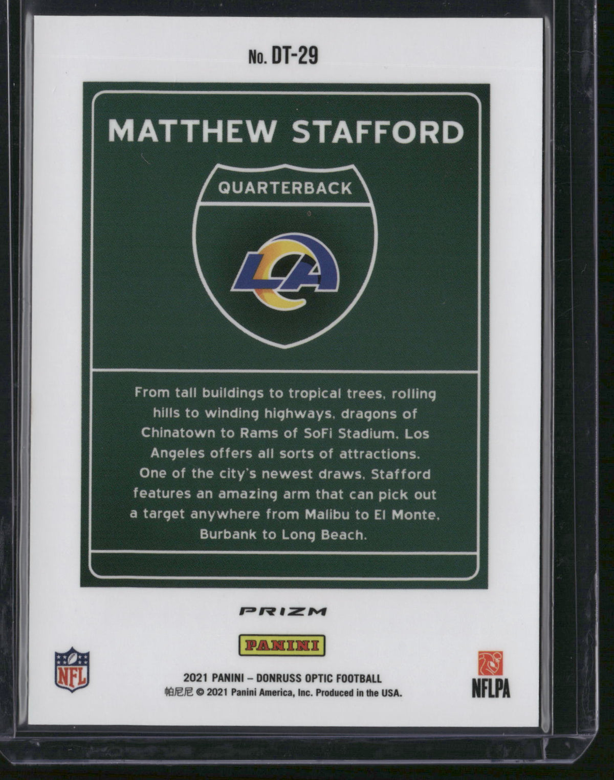 Matthew Stafford 2021 Panini Donruss Optic Prizm Downtown #DT-29