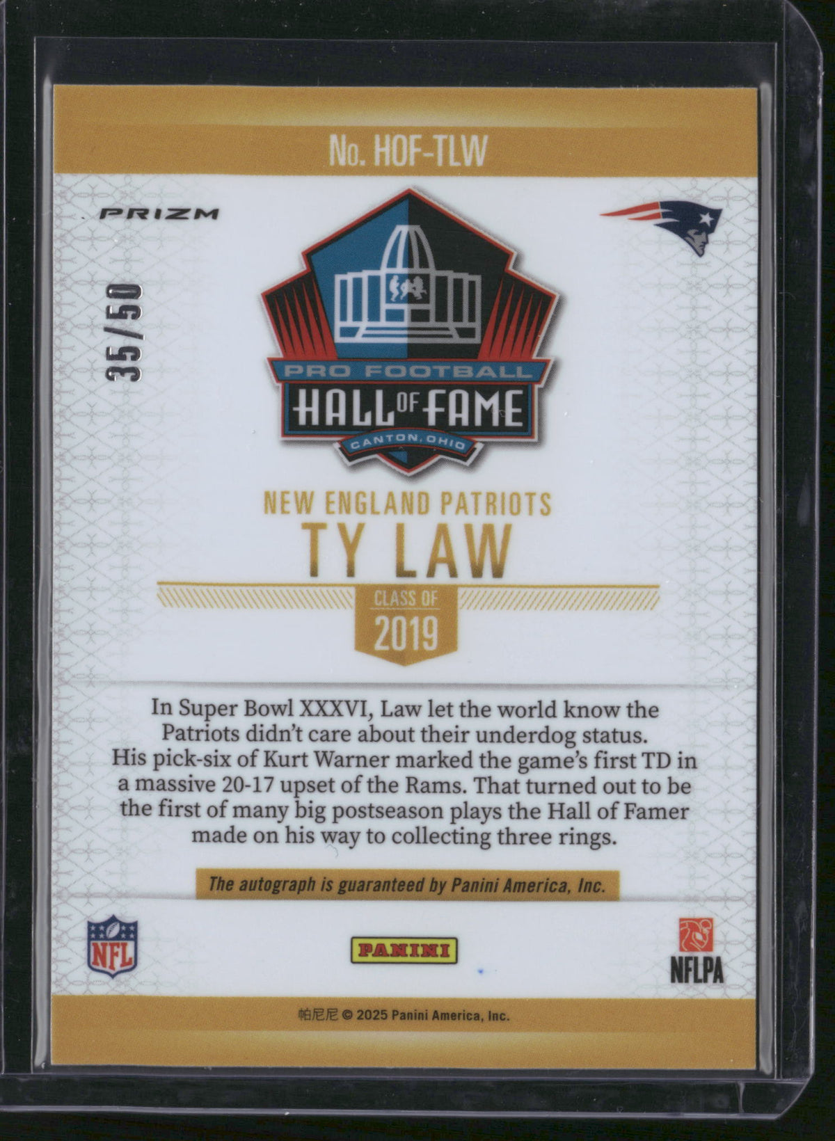 Ty Law 2025 Panini Prizm Pro Football Hall of Fame #HOF-TLW /50