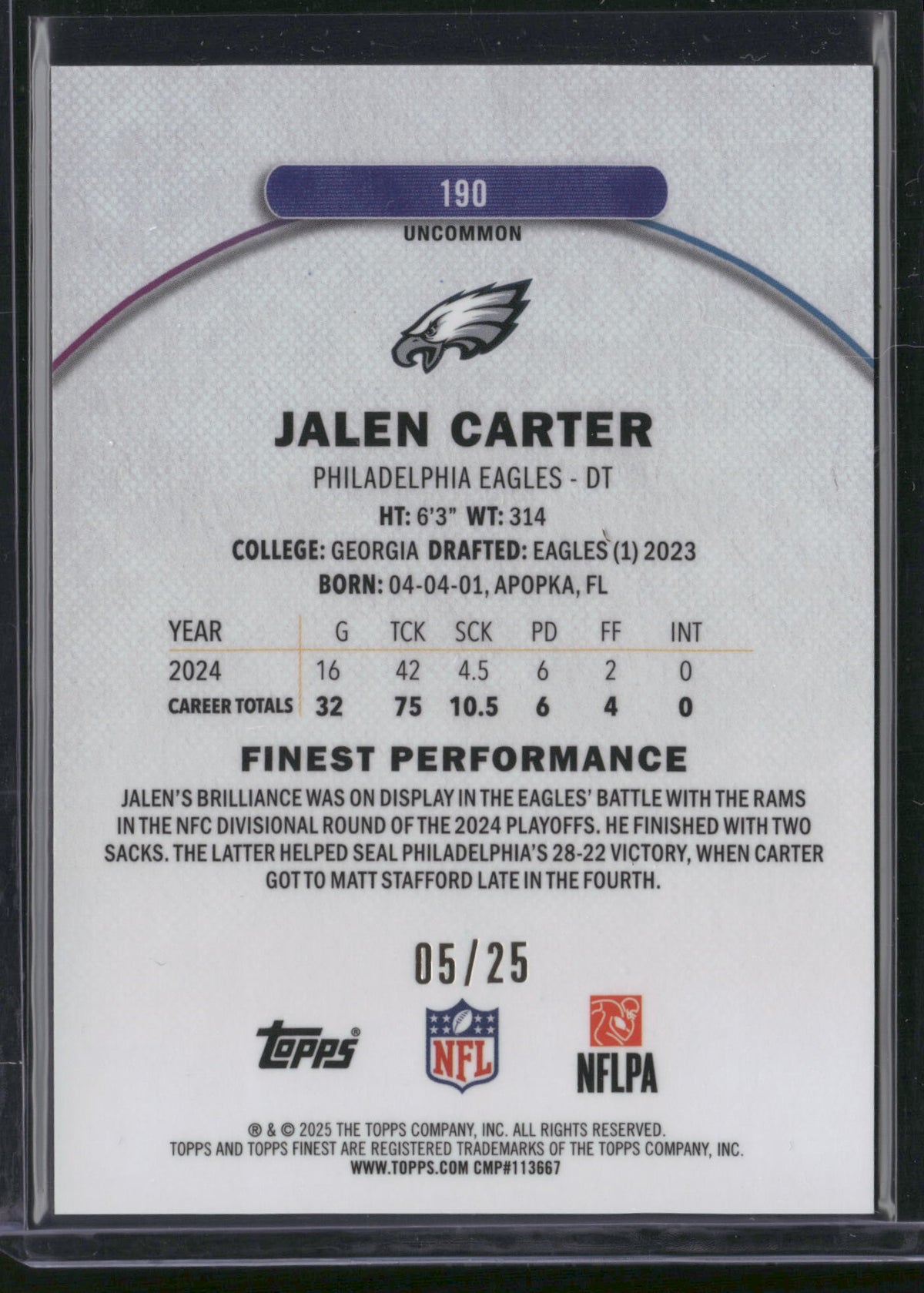 Jalen Carter 2025 Topps Finest #190 Gold Refractor /25 With Protective Film