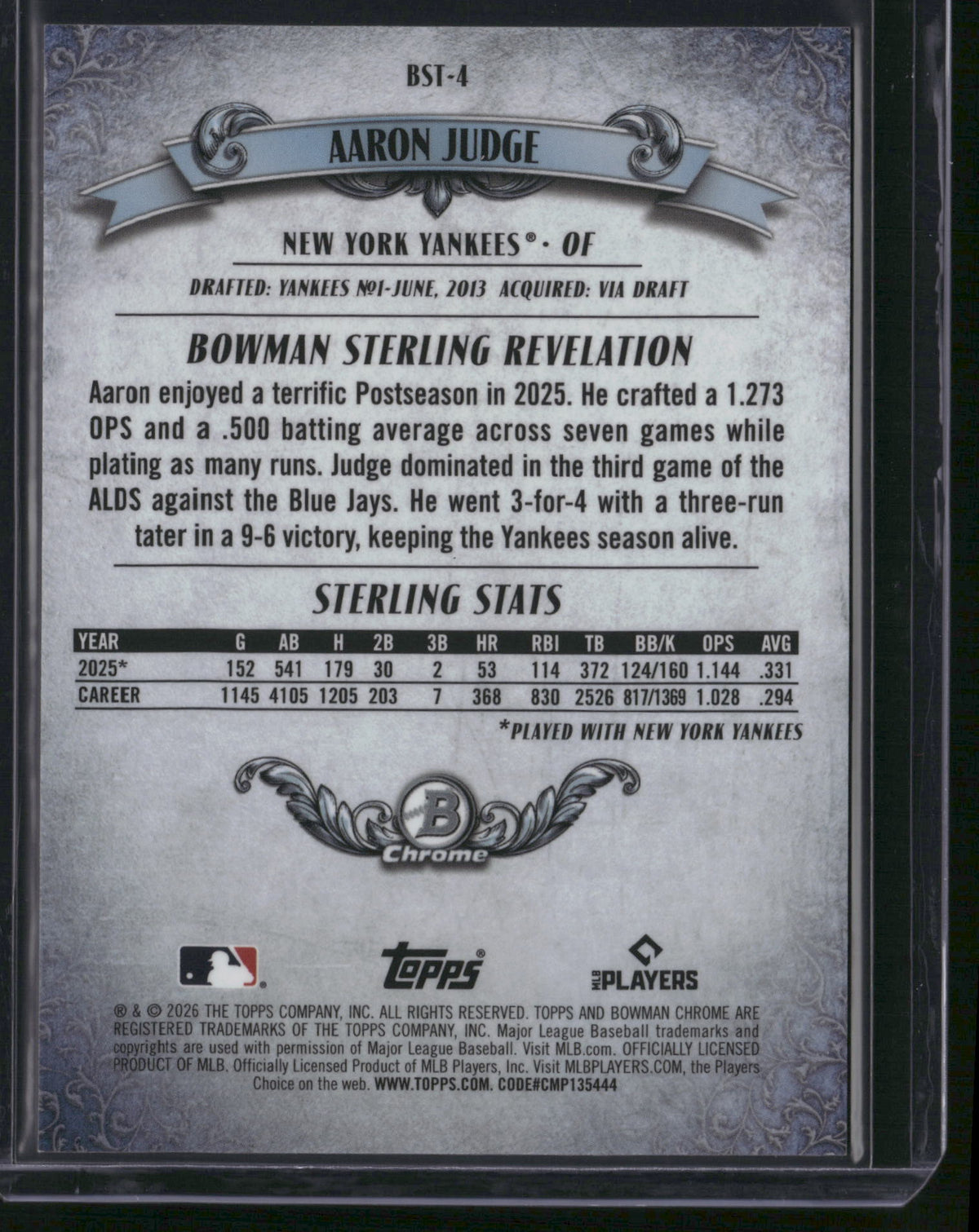 Aaron Judge 2026 Topps Bowman Sterling Revelation Chrome #BST-4 Atomic Refractor /160