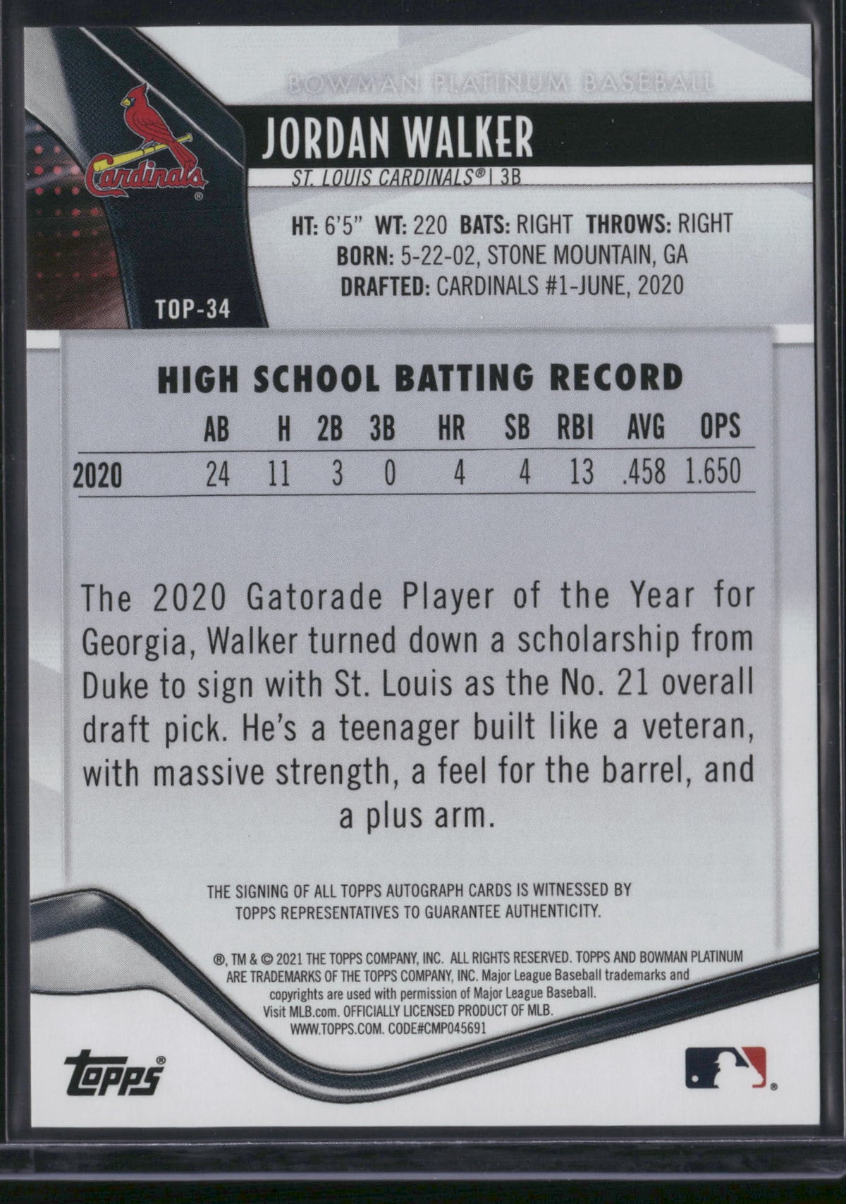 Jordan Walker 2021 Topps Bowman Platinum #TOP-34