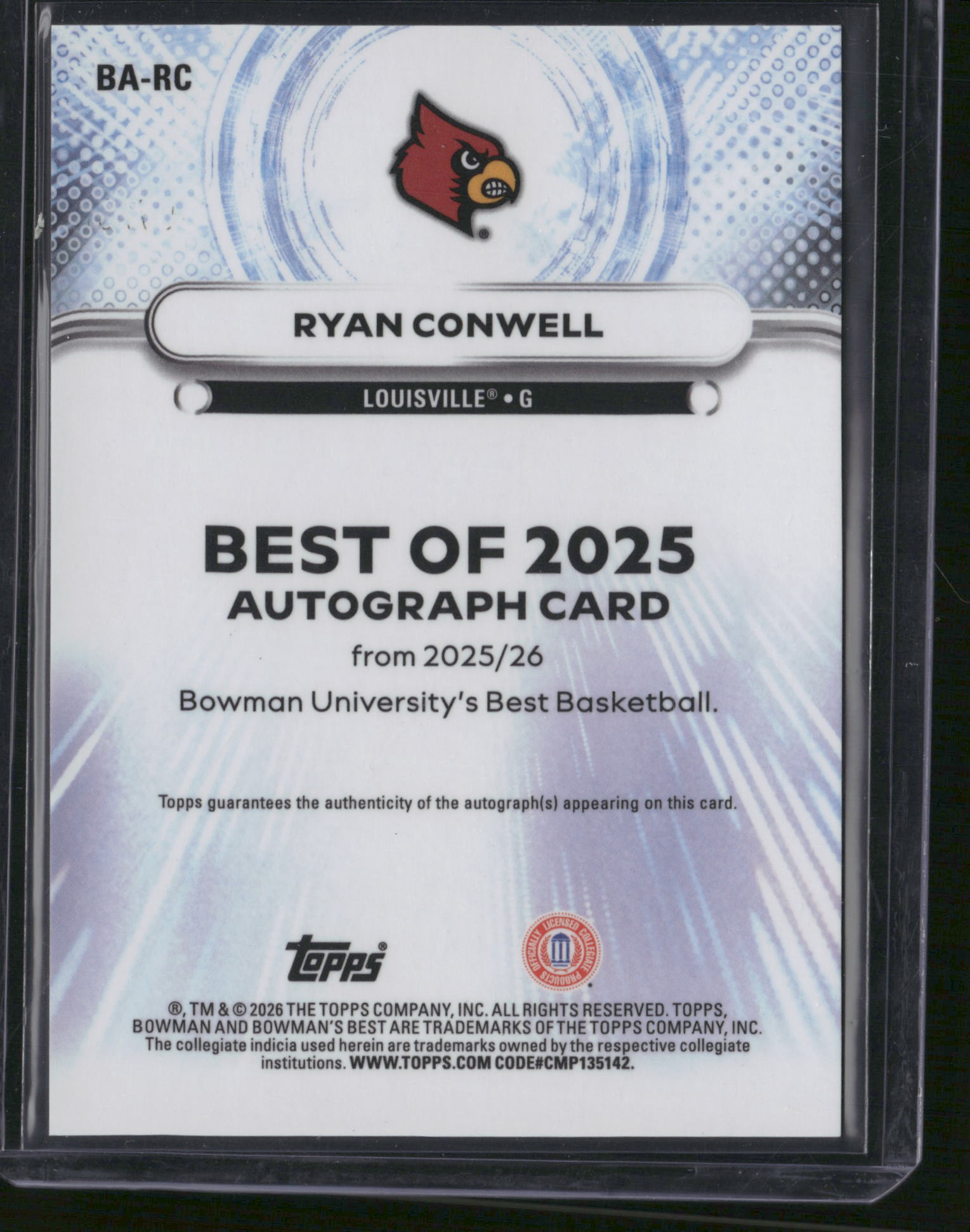 Ryan Conwell 2025 Bowman University Best U #BA-RC Gold Refractor Autograph