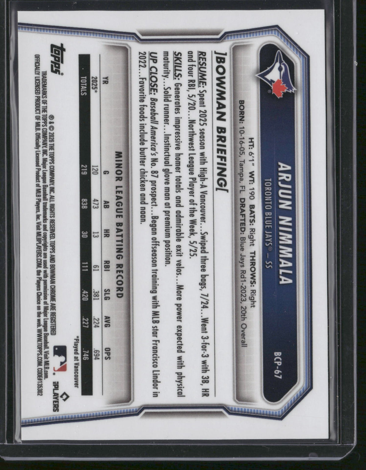 Arjun Nimmala 2025 Bowman Chrome #BCP-67 Yellow Mojo Refractor /25.