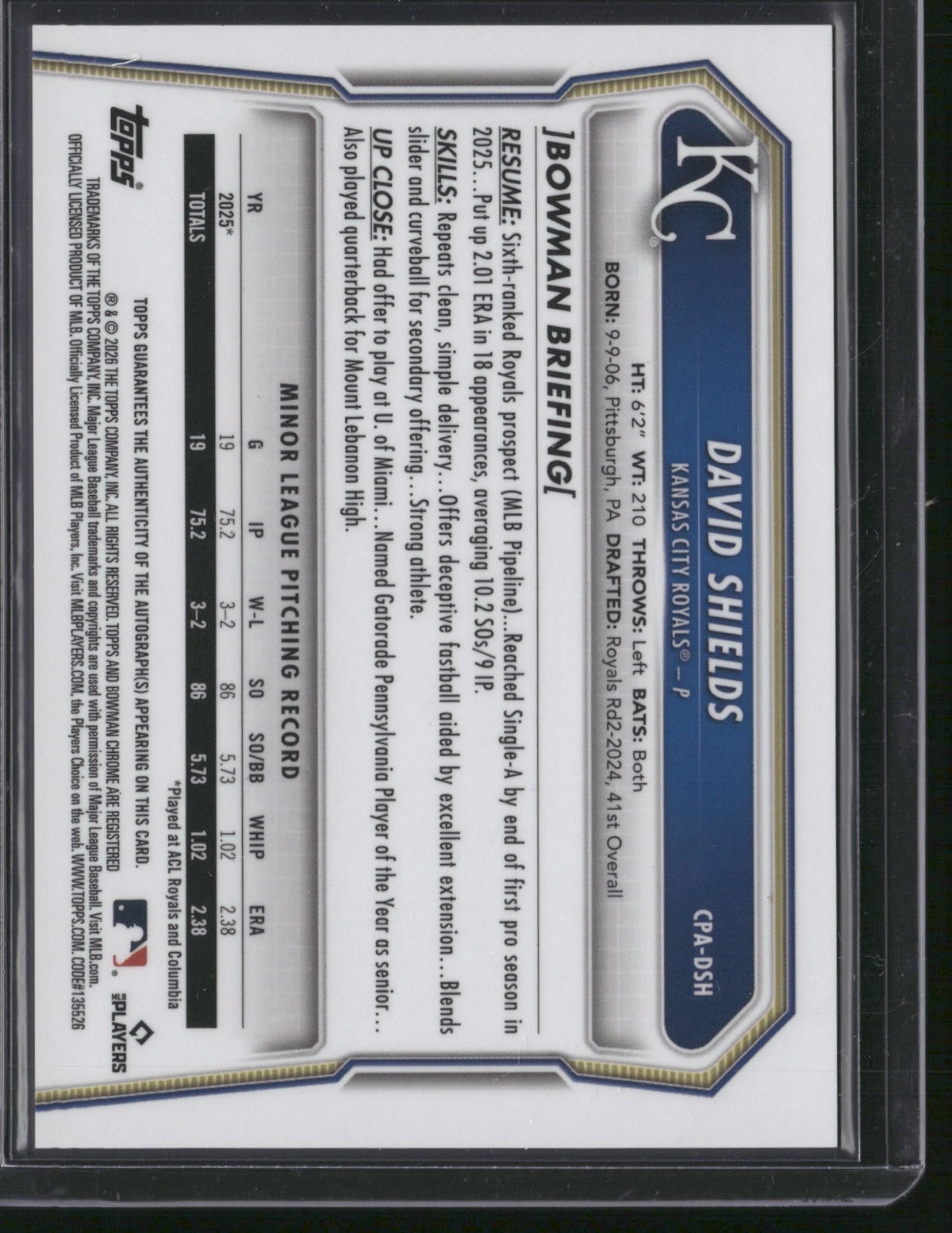 David Shields 2024 Bowman Chrome #CPA-DSH