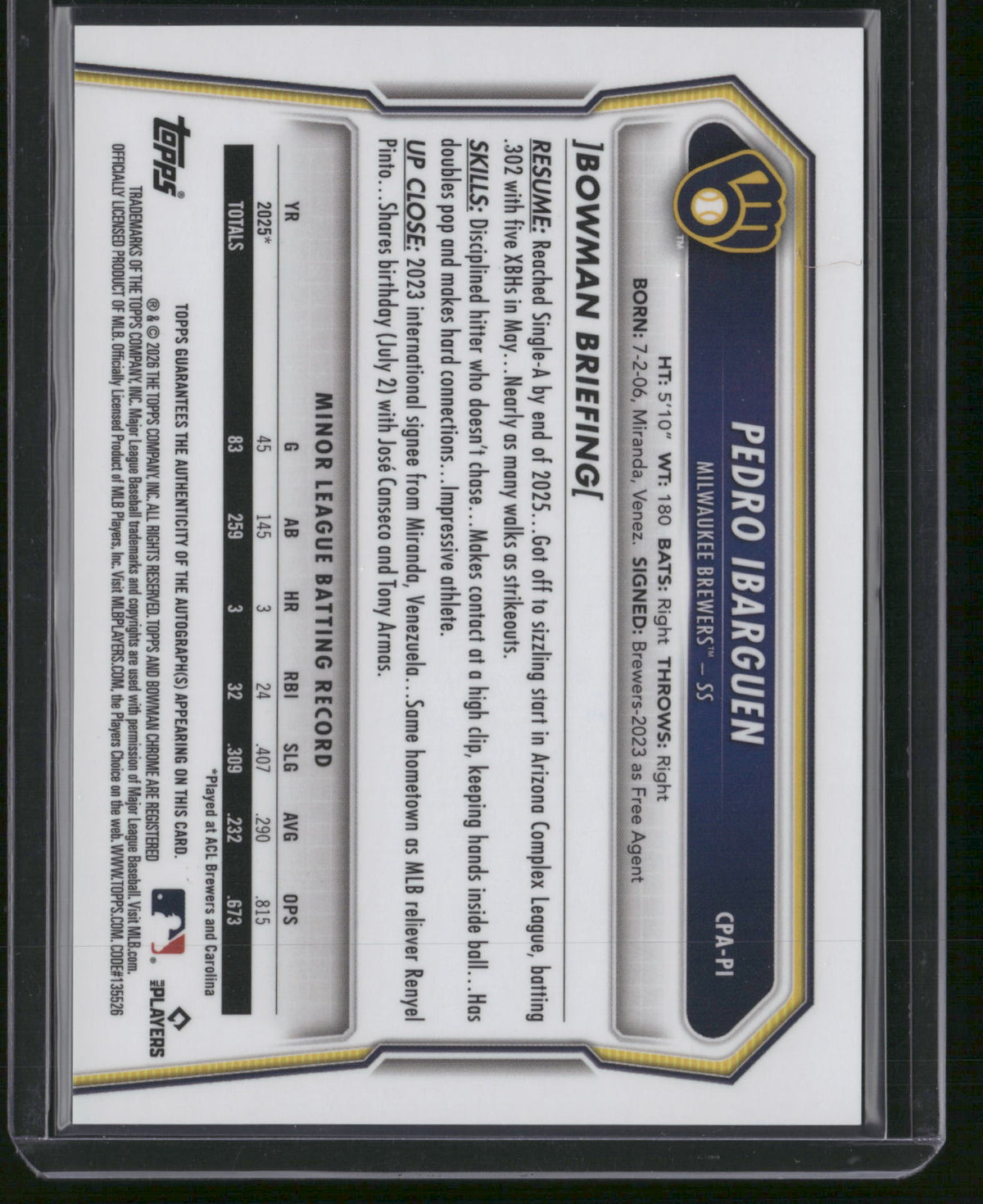 Pedro Ibarguen 2024 Bowman Chrome #CPA-PI Speckle Refractor /299