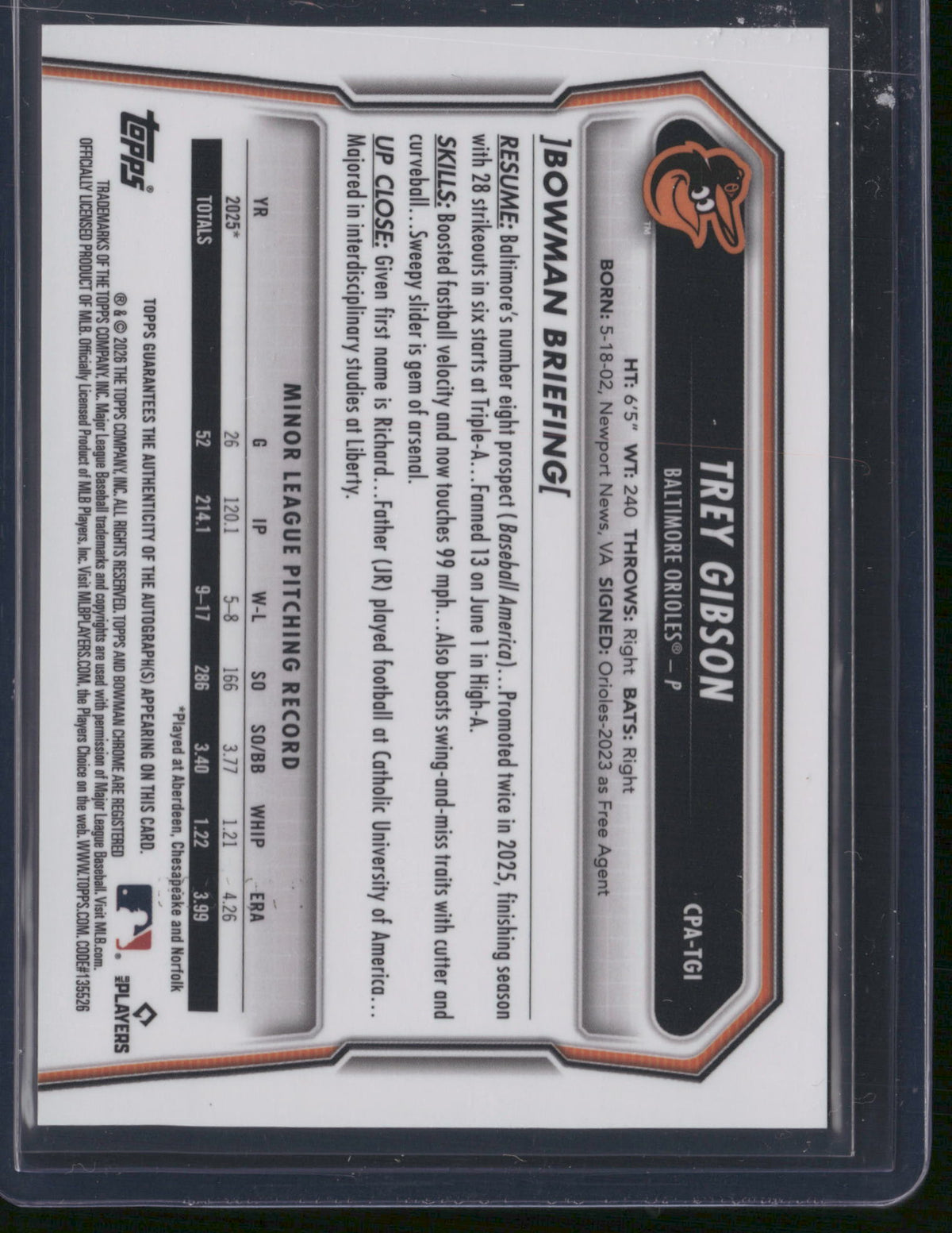Trey Gibson 2023 Bowman Chrome #CPA-TGI Speckle Refractor /299 1st Bowman