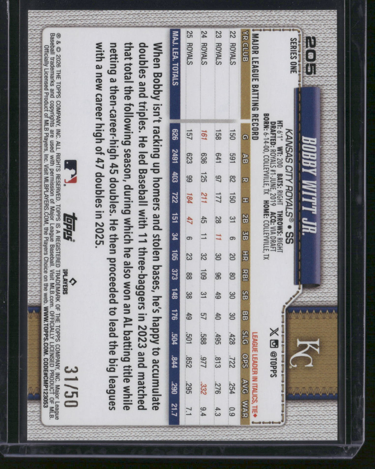 Bobby Witt Jr. 2026 Topps Series 1 #205 Gold Weaver