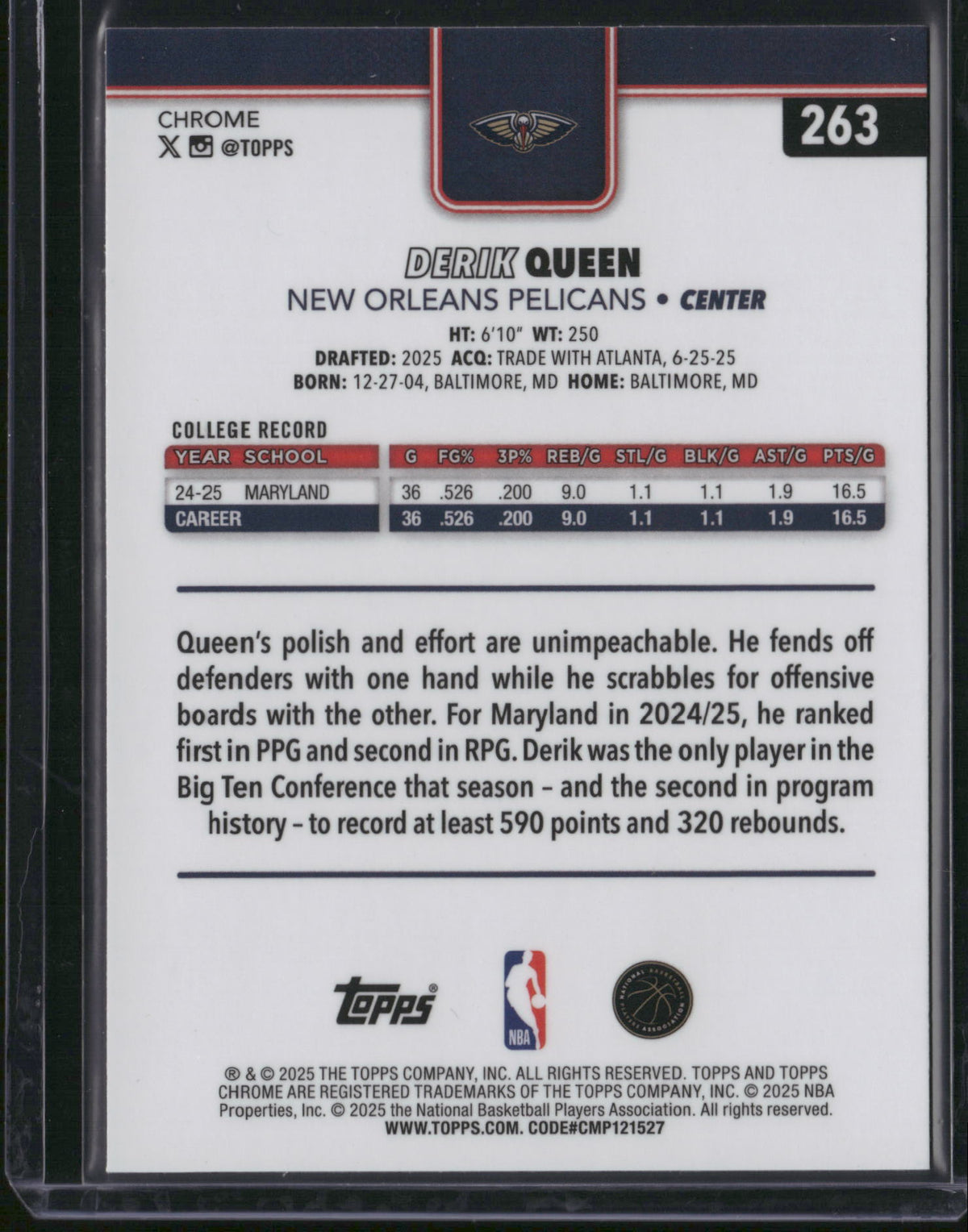Derik Queen 2025 Topps Chrome #263 Purple /75 RC