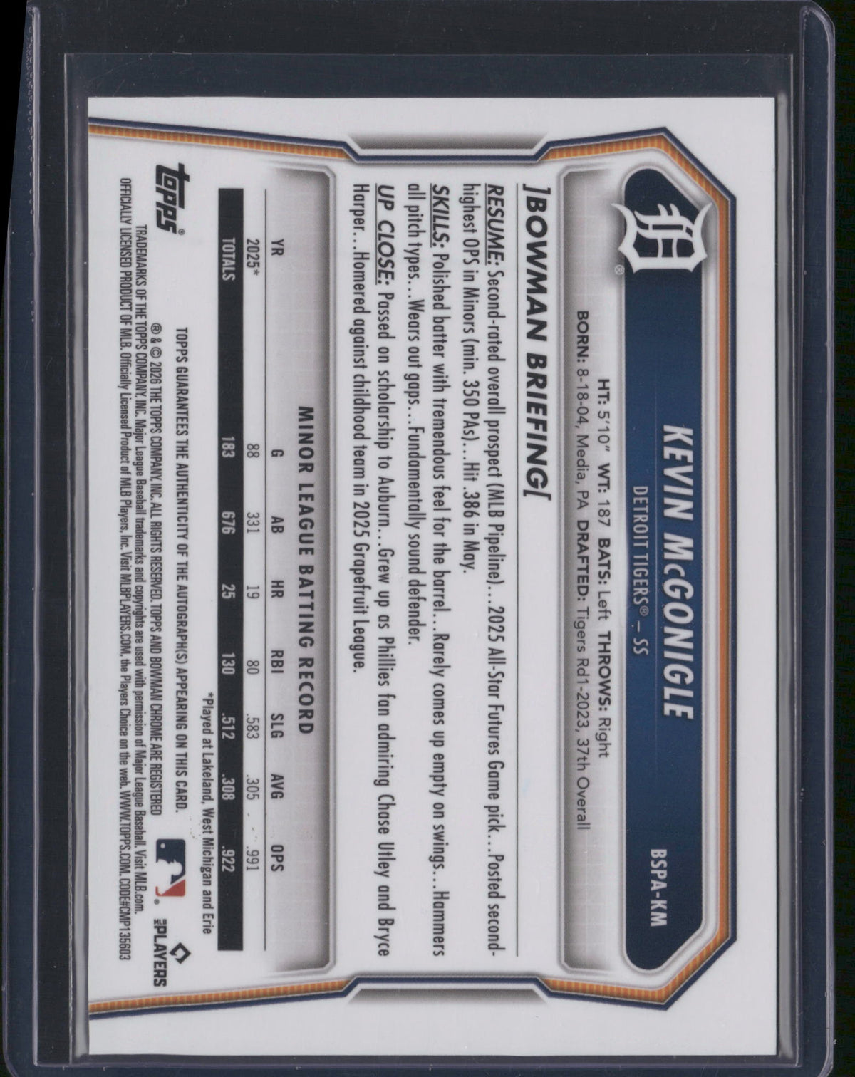 Kevin McGonigle 2025 Bowman Chrome #BSPA-KM Blue Sapphire Refractor /199