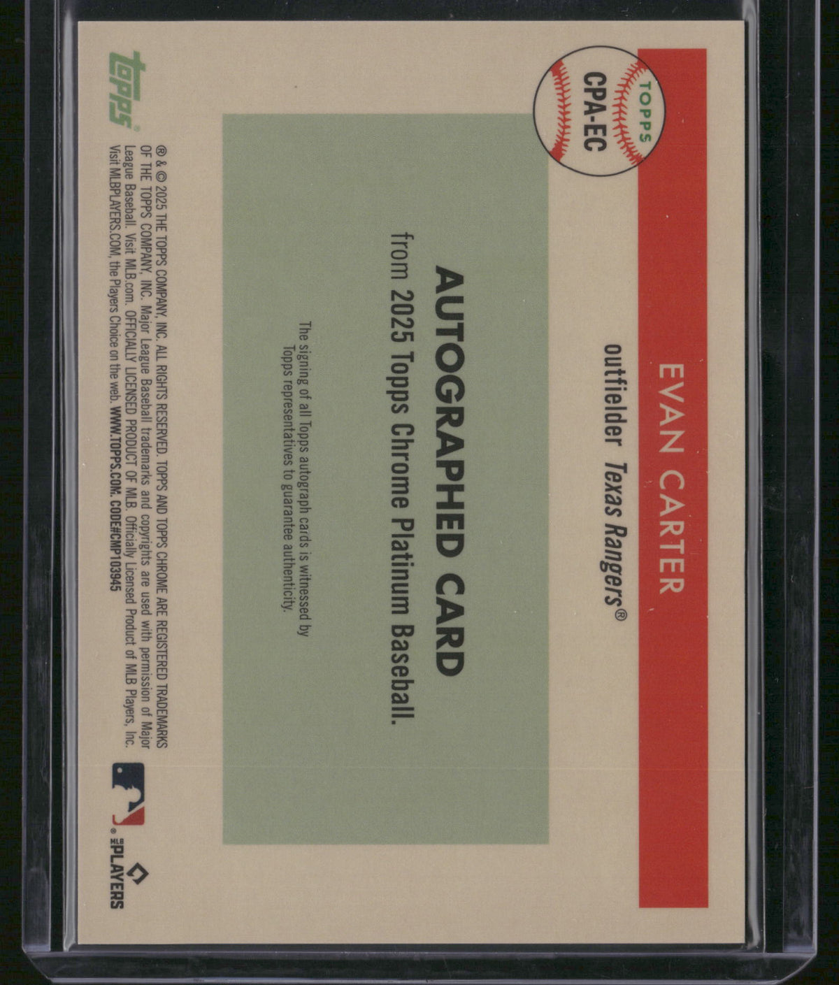 Evan Carter 2025 Topps Chrome Platinum Baseball #CPA-EC Gold /50