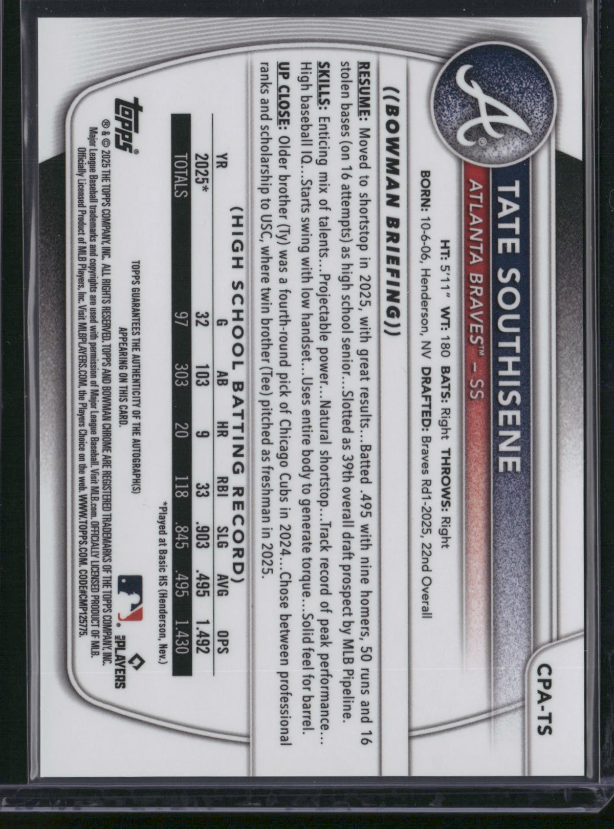 Tate Southisene 2025 Topps Bowman Chrome #CPA-TS Aqua Refractor /199