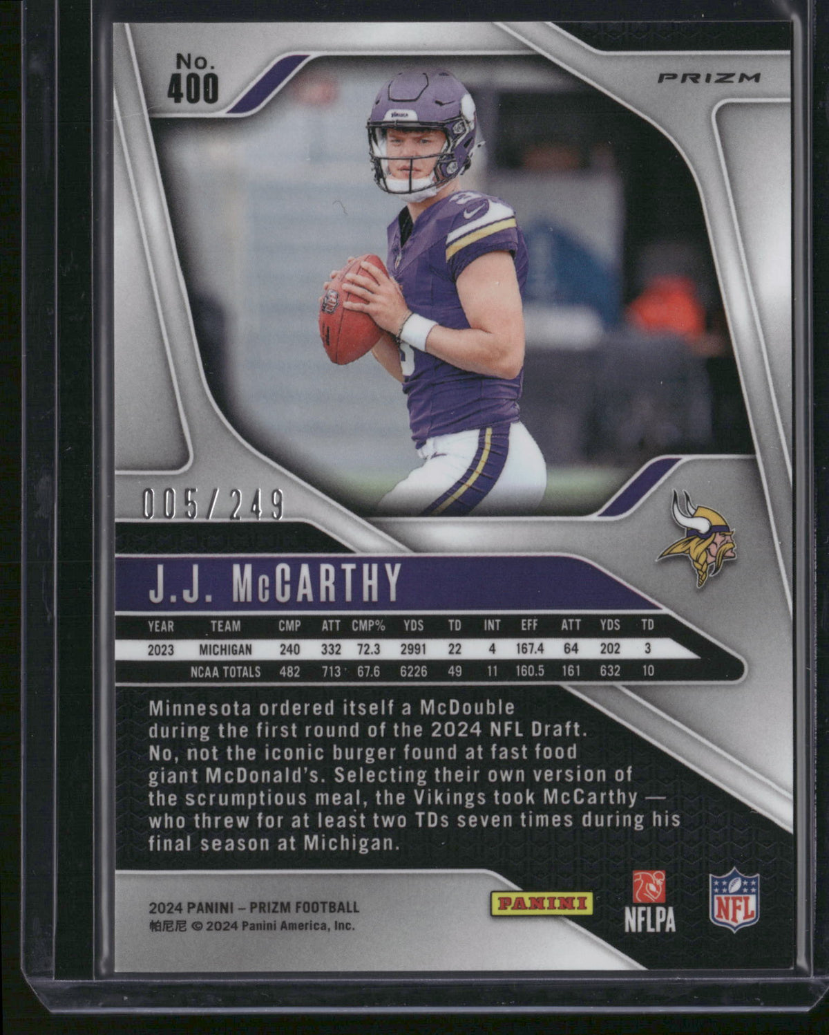 J.J. McCarthy 2024 Panini Prizm #400 Orange /249 RC