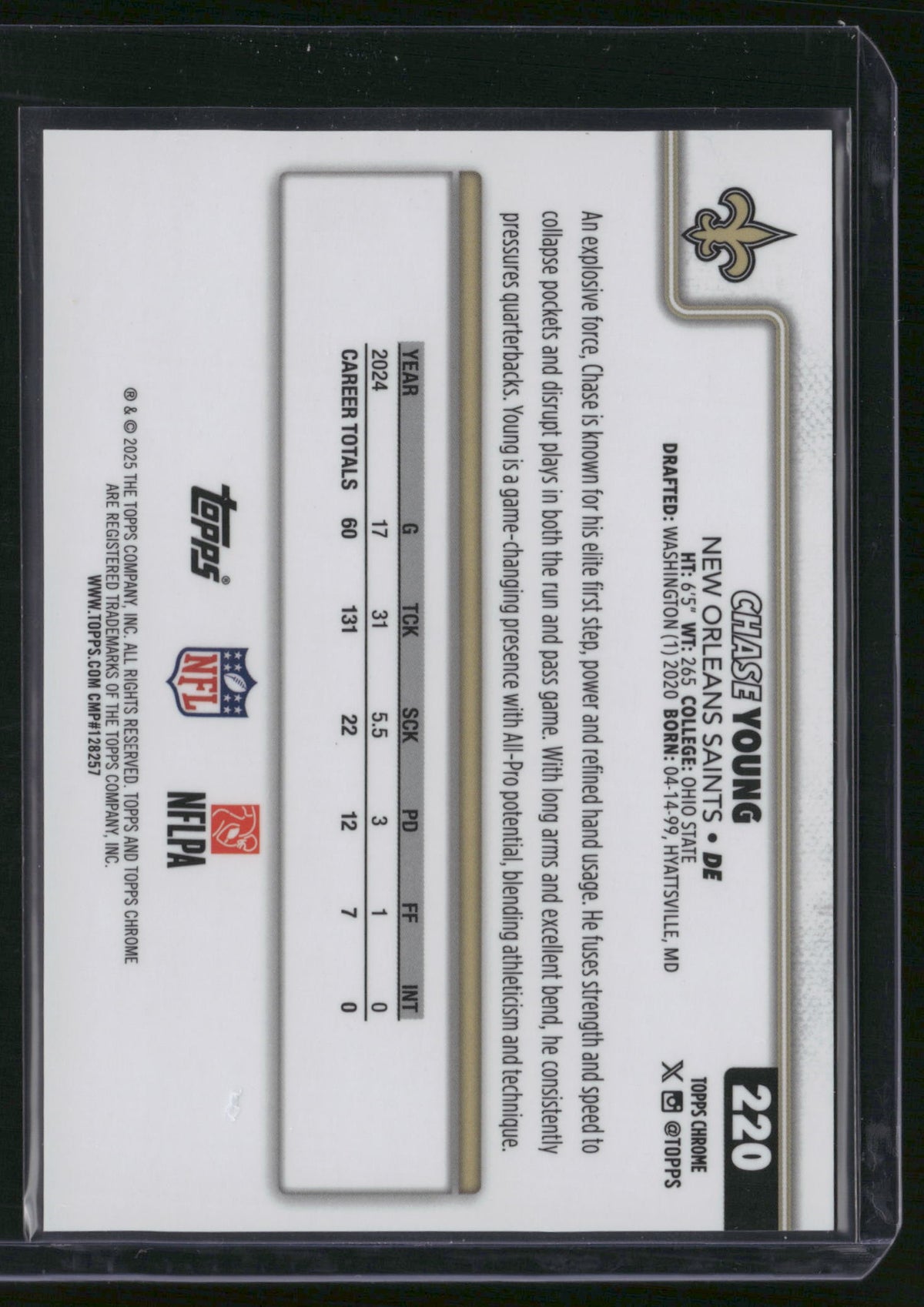 Chase Young 2025 Topps Chrome Sapphire Padparadscha 1/1 #220 Saints