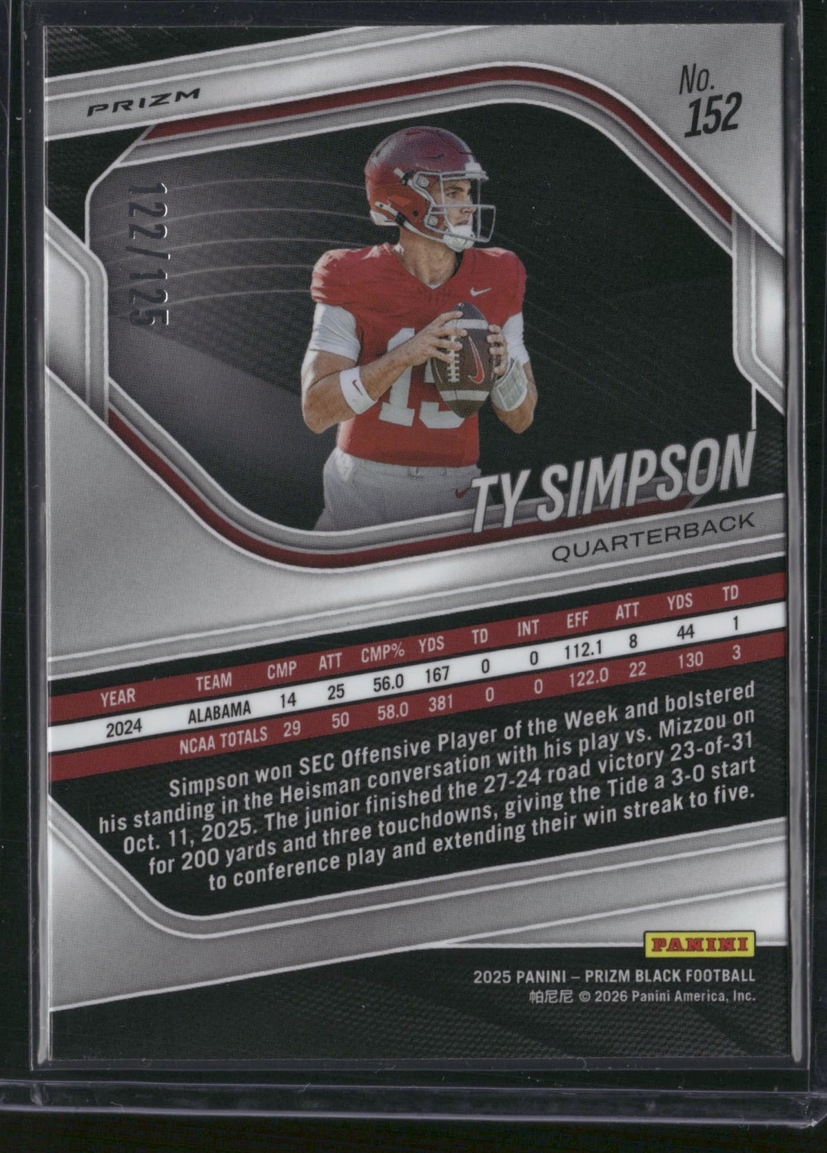 Ty Simpson 2026 Panini Prizm Black Football #152 Blue /125