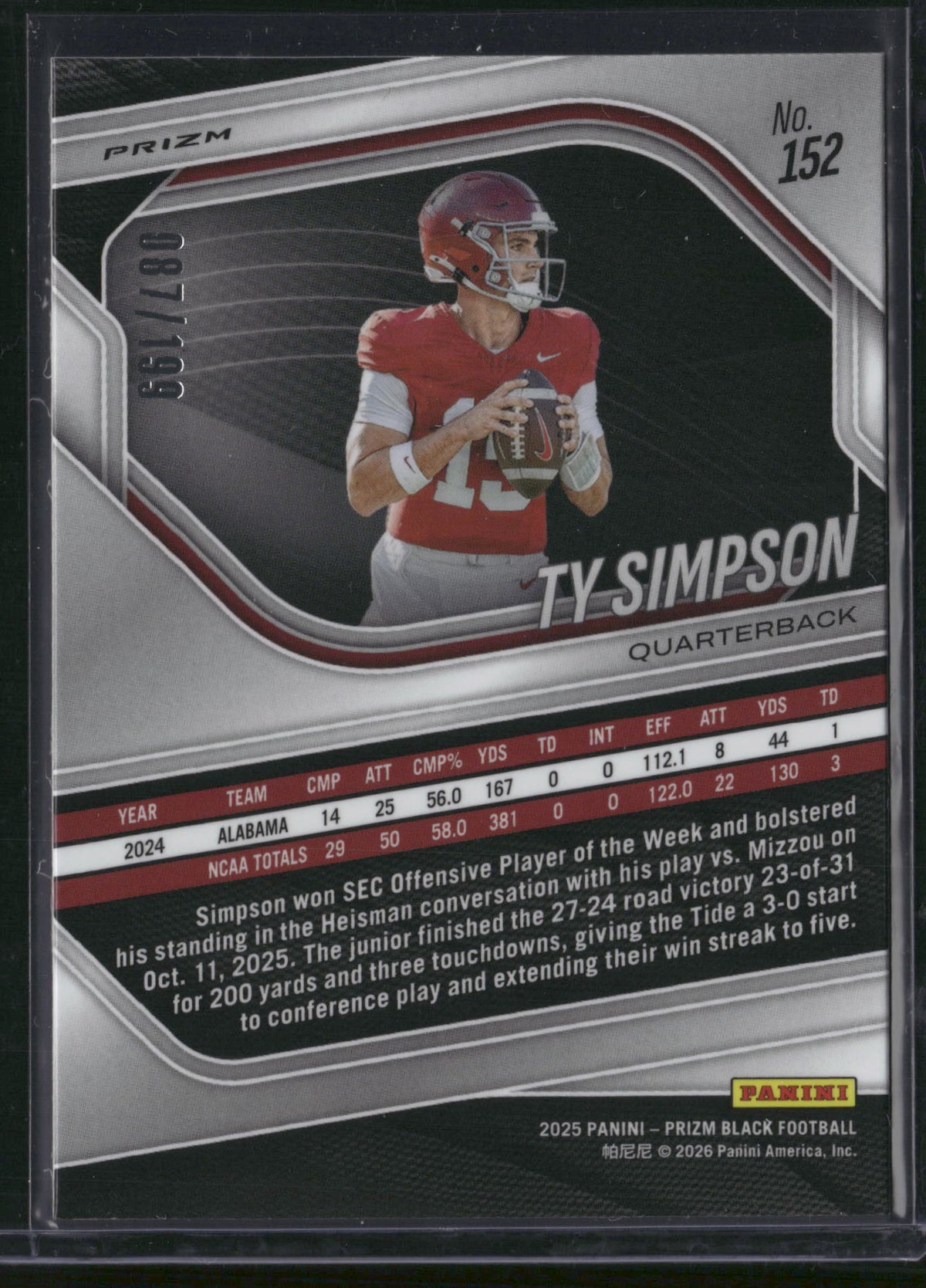 Ty Simpson 2026 Panini Prizm Black #152 Blue /199